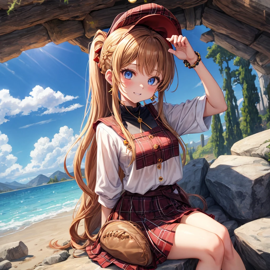 reddish-brown blonde、blue eyes、Braid、ponytail、one good looking girl、solo、anime、Plaid miniskirt、the skirt has buttons、camisole、black t-shirt、dress、Doing the ribbon、Ribbon at waist、cloak、Crystal Grotto、hood、desert、clouds are swirling、stone slabs are piled up、One hand is raised、Wearing a baseball cap 、crystal earrings、sun、sitting、gold coin、teeth are visible