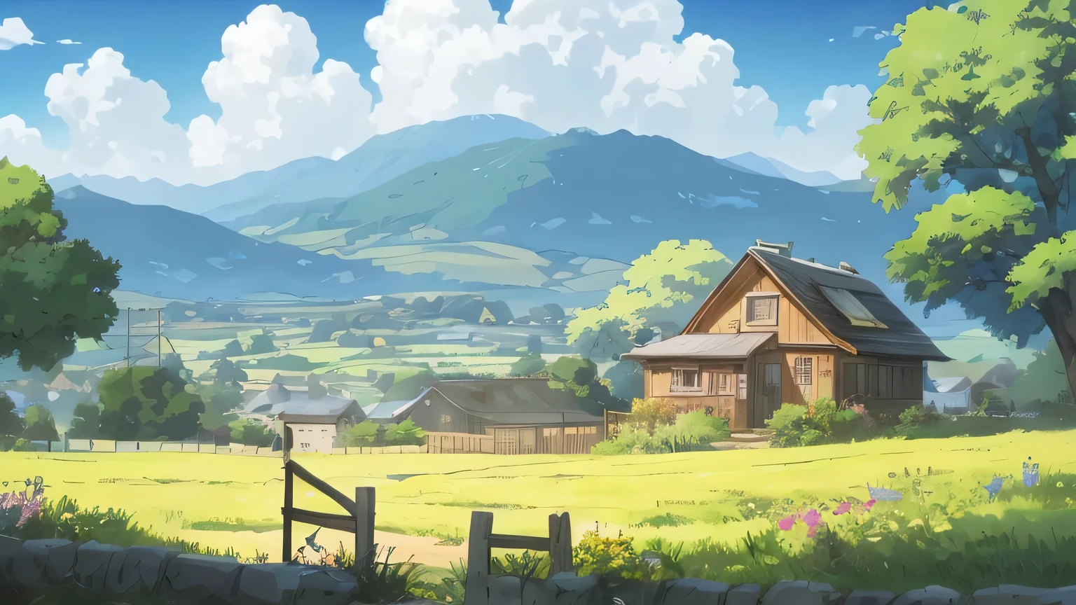 There is a photo of a farm and a house with a fence., anime countryside scenery, anime background art, anime scenery wallpaper, anime scenery, beautiful anime scenery, anime scenery, anime scenery concept art, anime background, beautiful anime scene, anime movie background, distant village background, makoto shinkai'Style, Studio Gribly makoto shinkai, studio ghibli landscape