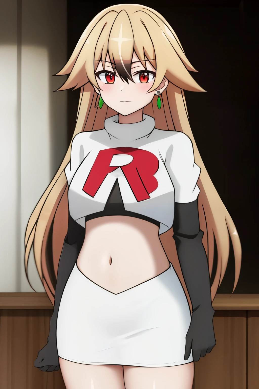 hulemy, 1girl, solo, long_hair, looking_at_viewer, blush, bangs, blonde_hair, brown_hair, red_eyes, hair_between_eyes, jewelry, very_long_hair, earrings, stud_earrings, team rocket,team rocket uniform,white skirt,crop top,black thigh-highs,black elbow gloves