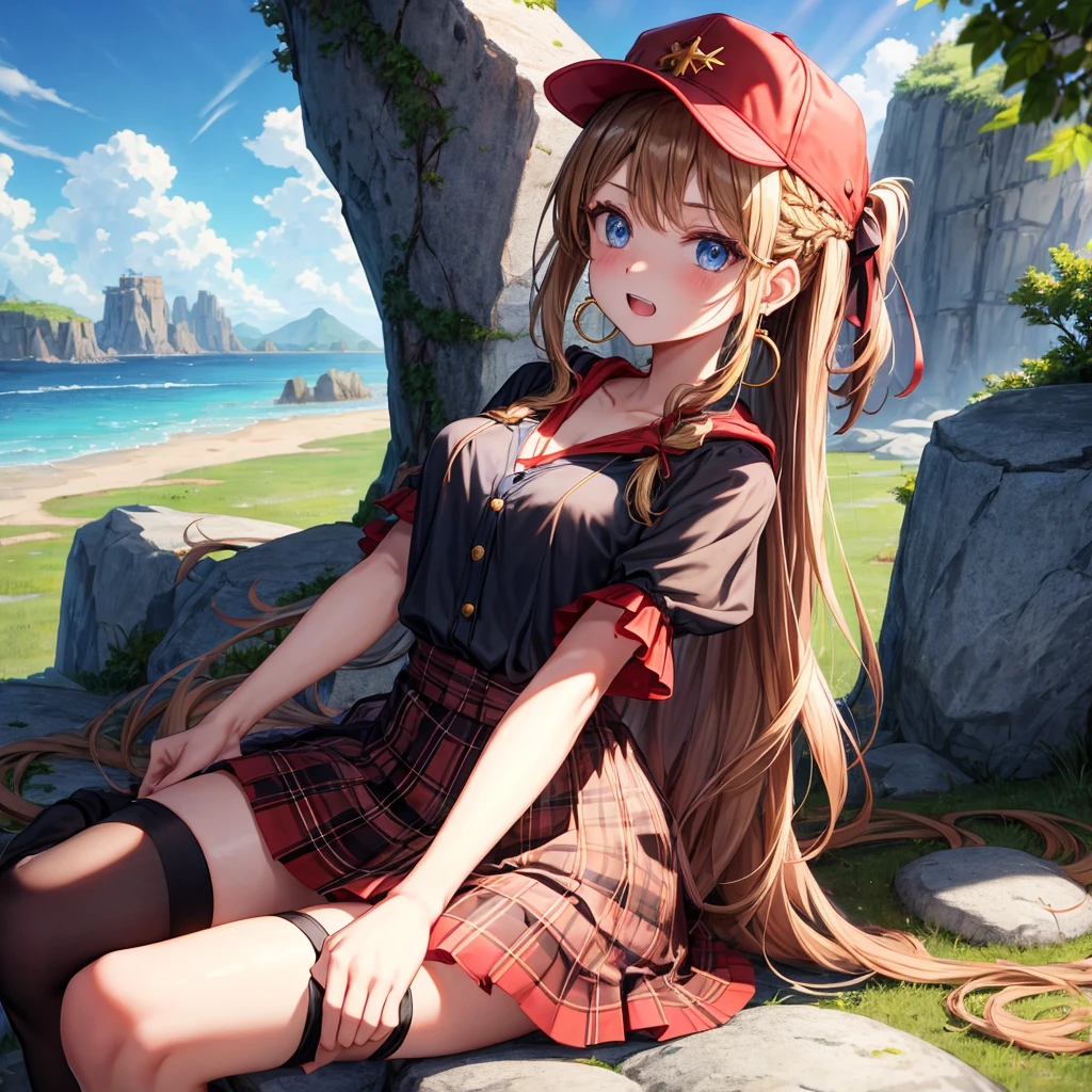 reddish-brown blonde、blue eyes、Braid、ponytail、one good looking girl、solo、anime、Plaid miniskirt、the skirt has buttons、camisole、black t-shirt、dress、Doing the ribbon、Ribbon at waist、cloak、Crystal Grotto、hood、desert、clouds are swirling、stone slabs are piled up、One hand is raised、Wearing a baseball cap 、crystal earrings、sun、sitting、gold coins are falling、teeth are visible