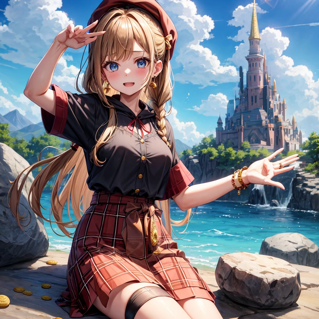 reddish-brown blonde、blue eyes、Braid、ponytail、one good looking girl、solo、anime、Plaid miniskirt、the skirt has buttons、camisole、black t-shirt、dress、Doing the ribbon、Ribbon at waist、cloak、Crystal Grotto、hood、desert、clouds are swirling、stone slabs are piled up、One hand is raised、Wearing a baseball cap 、crystal earrings、sun、sitting、gold coins are falling、teeth are visible