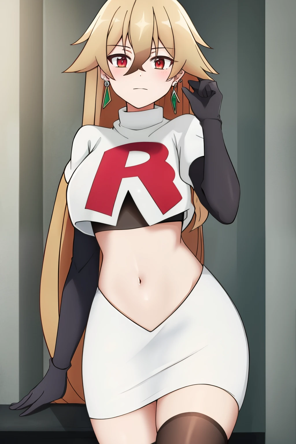 hulemy, 1girl, solo, long_hair, looking_at_viewer, blush, bangs, blonde_hair, brown_hair, red_eyes, hair_between_eyes, jewelry, very_long_hair, earrings, stud_earrings, team rocket,team rocket uniform,white skirt,crop top,black thigh-highs,black elbow gloves