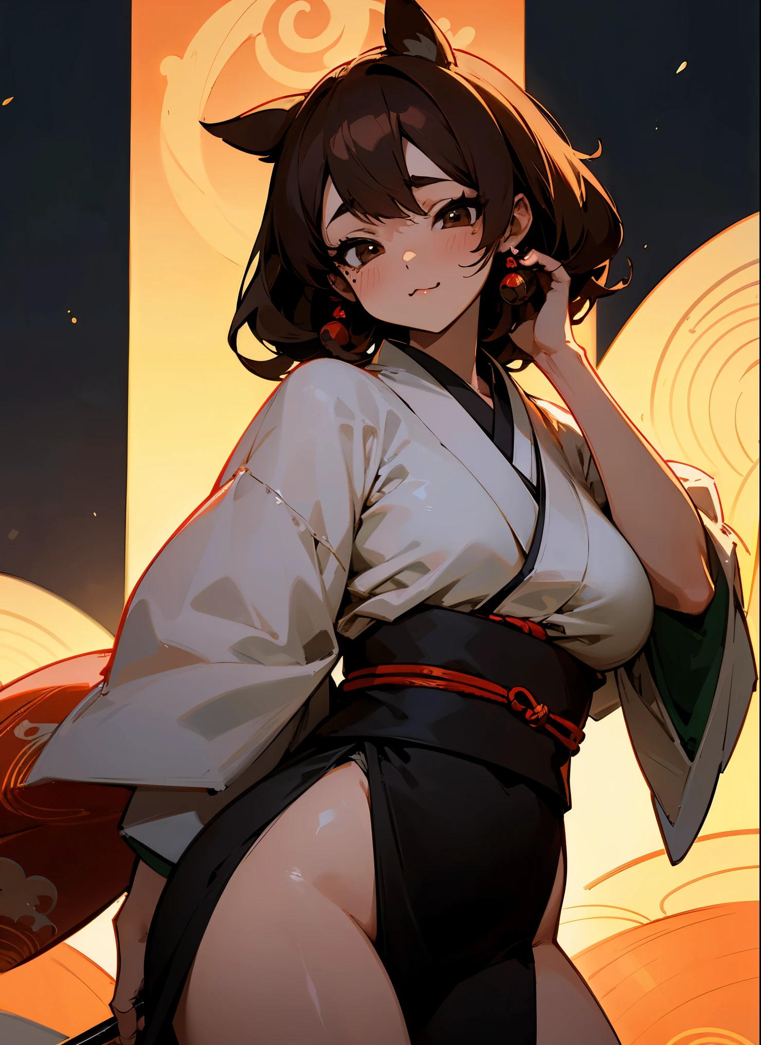 1female , Brown Hair , Seductive , Curvy , Japanese Kemono , Black Eyes , Japanese night festival background