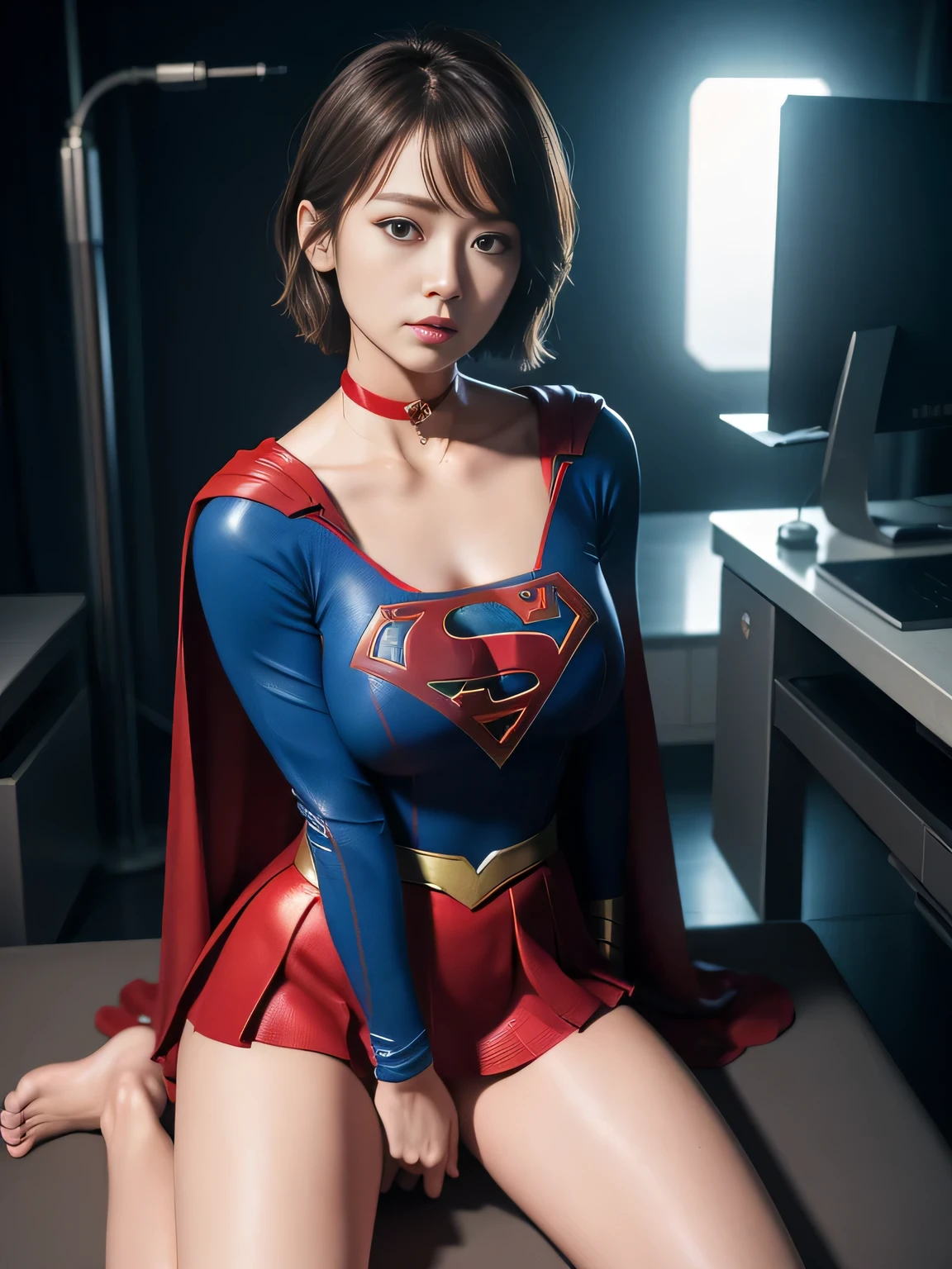 masterpiece、Supergirl costumes、short hair、barefoot、big and full breasts、Experimental Facilities、operating table、straddle、damaged、shiny、look at the camera、Seduce、choker、long sleeve、red mini skirt