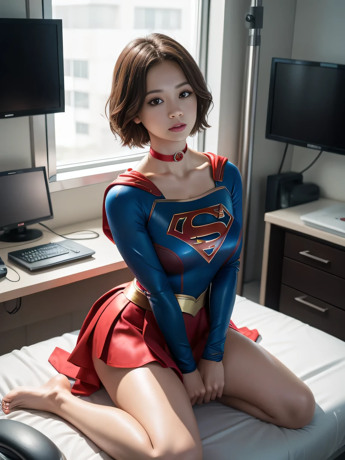 masterpiece,Supergirl costumes, short hair, barefoot, big and full breasts,operating room、operating table、straddle、damaged、shiny、look at the camera、choker、long sleeve、red mini skirt