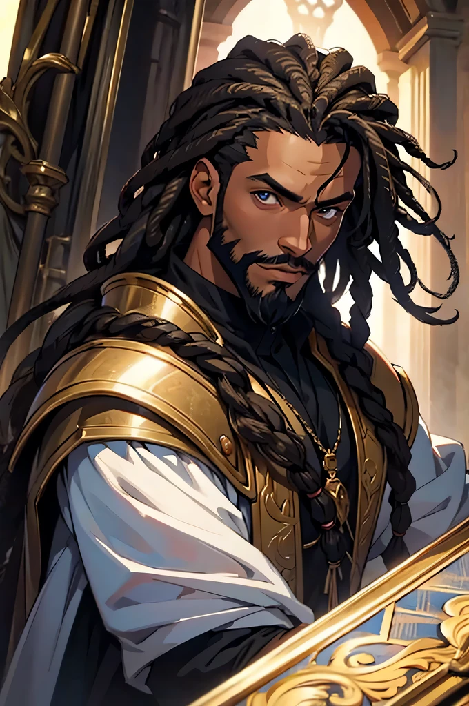 anime eyes, masterpiece, best quality, by professional artist, male, solo, detailed composition, dark skin, black man, dreads, beard, masculine, medieval armor
