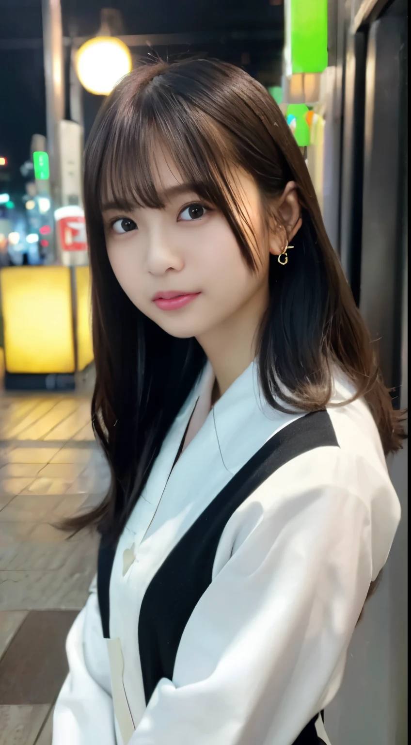 mix 4, (8K, Raw photo, best image quality, masterpiece: 1.45), (realistic, Photoreal: 1.37), one girl, cute, cityscape, night, rain, Wet, professional lighting, photon mapping, radio city, Physically based rendering, gradient black hair, gray hair, short curly hair, Handsome, with a girl, (((Randomly generated plain clothes))), highest quality photos, High resolution, 1080P, (clear face), (Detailed facial description), (detailed description of hands), (masterpiece), (Detailed CG)、extreme light and shadow、messy hair、master work、Rich details、(detailed facial features)、(highest quality photos)、(Masseter muscle part)、(detailed eye)、look in front of you、thin clavicle、((slender and big))、((Office Looksuit)))、((cute服))、((Shinjuku ward))、(I&#39;ll turn around)、(((first round)))、earrings、big smile、Draw the whole body from the knees、