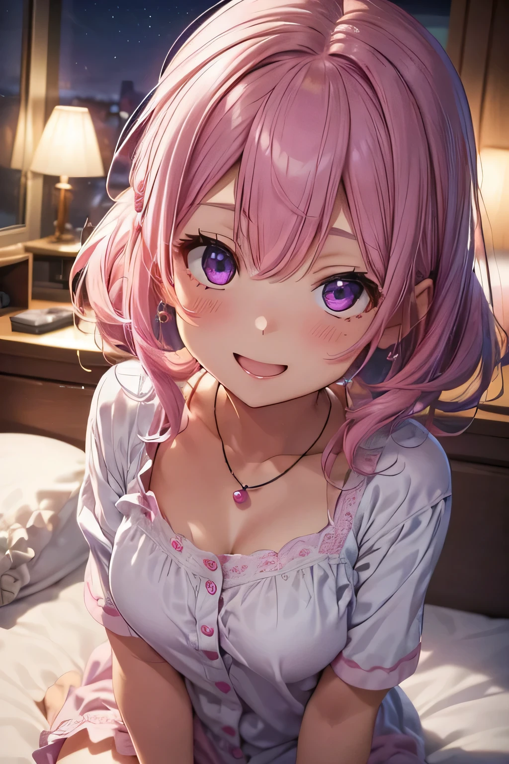 (((highest quality))), ((super detailed)),((very delicate and beautiful)), ((16k)), girl, pink hair, purple eyes, necklace, Wearing cute and adorable costumes, (smile), Bedroom, beautiful eyes, Fluffy pajamas, tattoo tattoo, ((night)), 🌙, open your mouth,