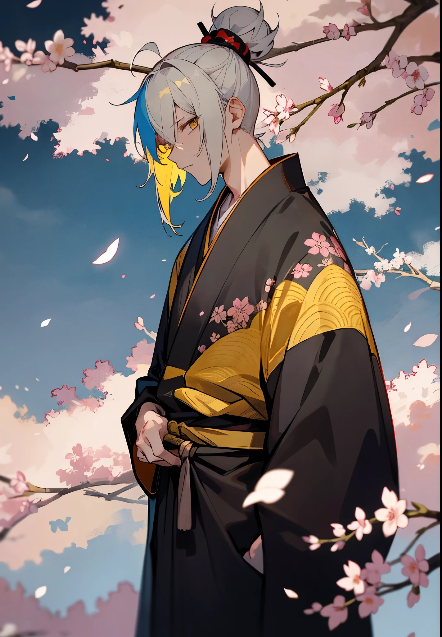 1male, Adult, Pale Blue and Yellow Hair, Multicolored Hair, Top Knot Hair, Samurai, Black Kimono, Yellow eyes, Cherry Blossom Trees, Disheveled Hair, Short Hair