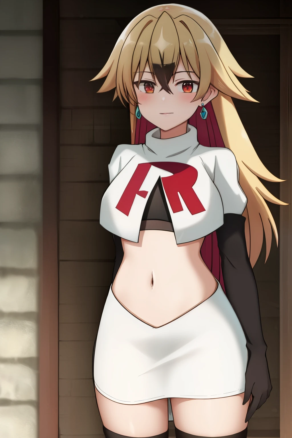 hulemy, 1girl, solo, long_hair, looking_at_viewer, blush, bangs, blonde_hair, brown_hair, red_eyes, hair_between_eyes, jewelry, very_long_hair, earrings, stud_earrings, team rocket,team rocket uniform,white skirt,crop top,black thigh-highs,black elbow gloves