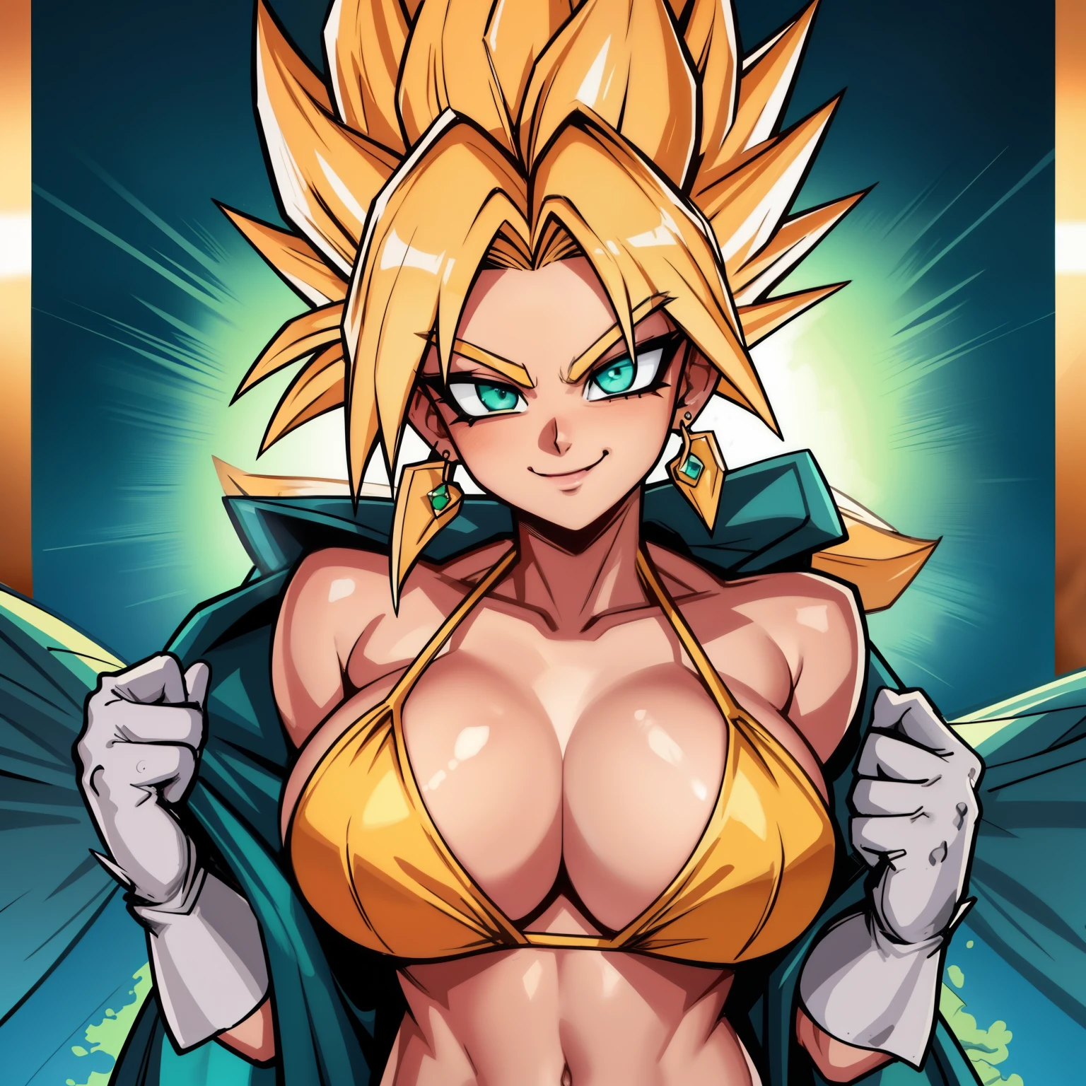 RAW photo, (high detailed skin, detailed eyes:1.1), intricate details, best quality, 8k uhd, soft lighting, Vegetto, breasts, (female:1.2), 1girl, earrings, jewelry, white gloves, spiked hair, dougi, smile, blonde hair, green eyes, super saiyan, bikini