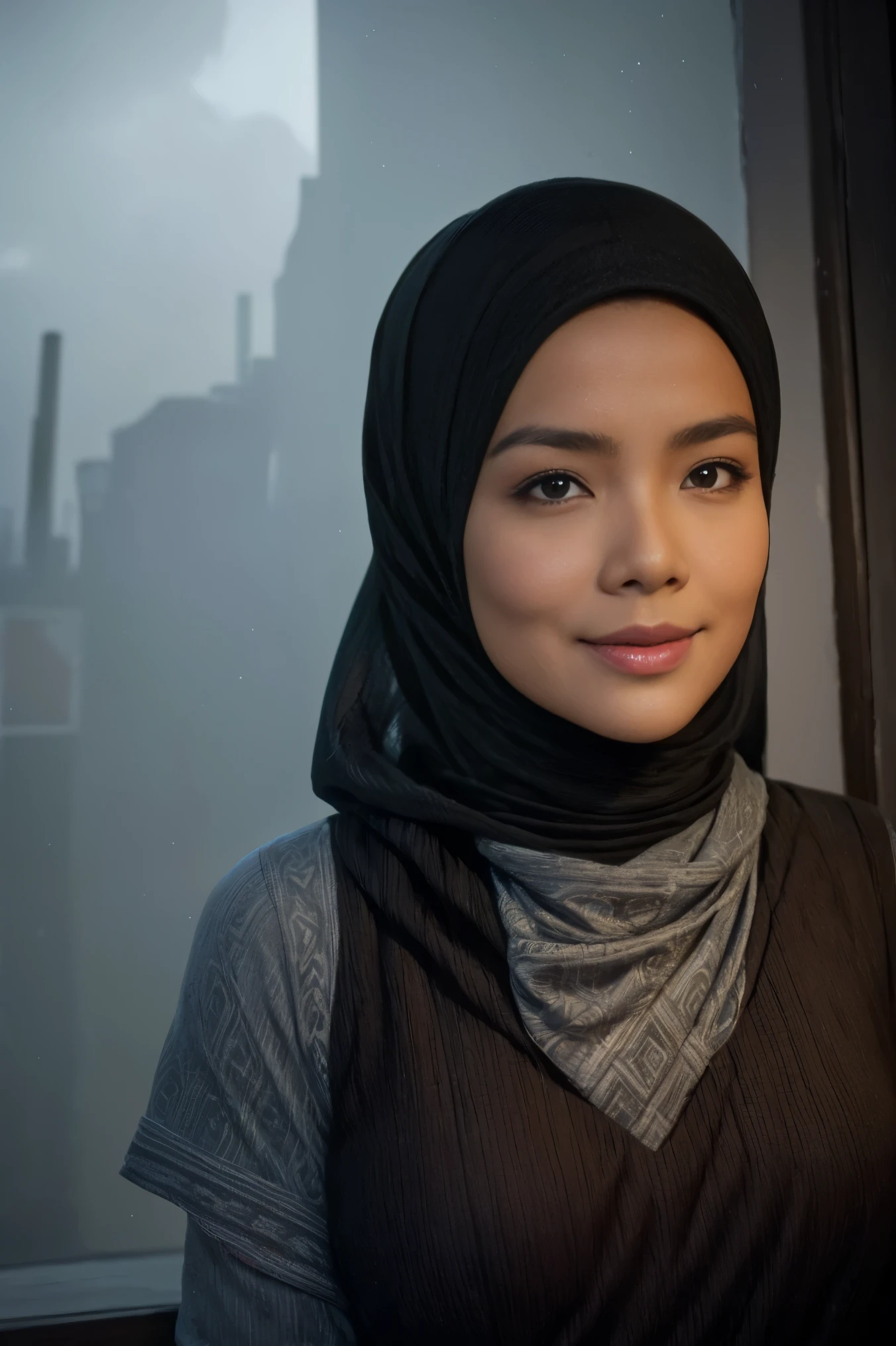 a matured malay woman in the style of nocturne, wearing hijab, dreamy atmosphere, dark cyan and red, i can't believe how beautiful this is, serene atmosphere, piles/stacks, flickering light, epic realistic, broken old boat in big storm, illustrated by herg, style of tin tin comics, pen and ink,art by greg rutkowski and artgerm, soft cinematic light, (depth of field:1.4), faded, (neutral colors:1.2), (muted colors:1.2), (artstation:1.4), cinematic, warm lights, dramatic light, complex background, (rutkowski:0.66), (teal and orange:0.4), hdr, (intricate details, hyperdetailed:1.15) (skin texture:1.2)