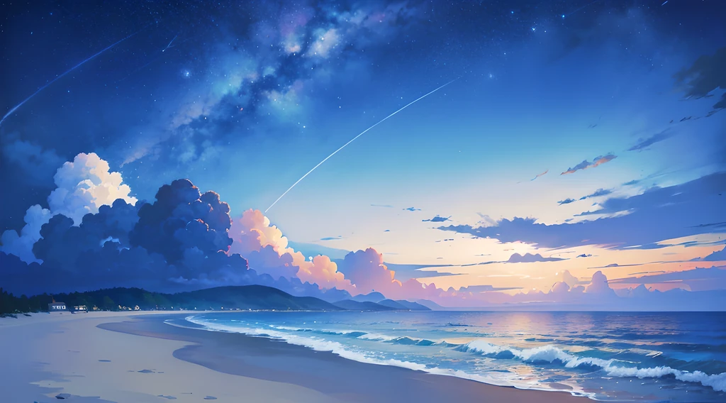 there are no humans, starry sky, blue and purple sky, beach, Night mood, beautiful anime scene, anime sky, dreamy landscape, wonderful, masterpiece, highest quality, absolute resolution, Super detailed, 8K, healing, relaxation