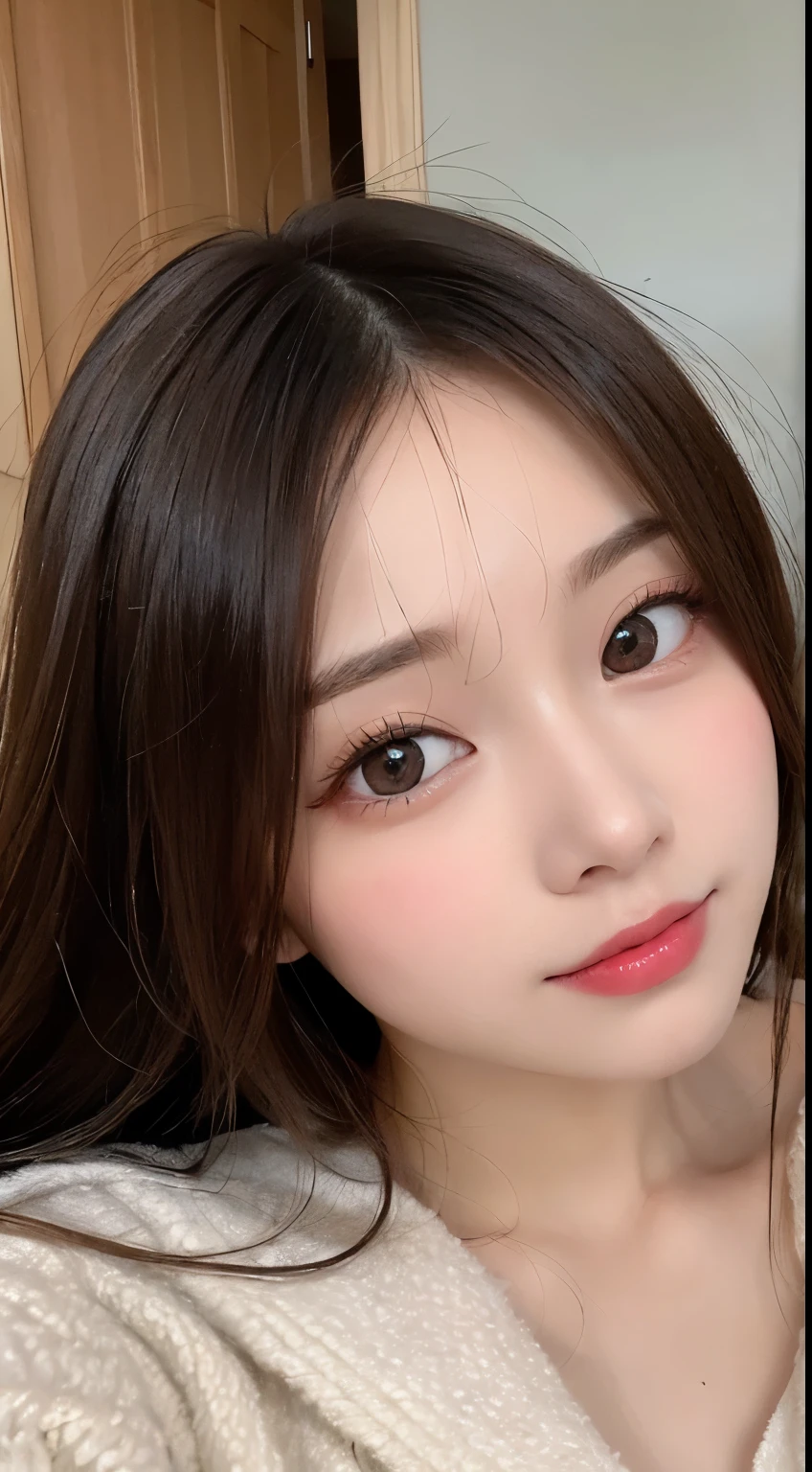 table top, highest quality, shape, Super detailed, finely, High resolution, 8k wallpaper, 完璧なダイナミックな構shape, beautiful and detailed eyes, Tokyo trend knit dress, small breasts, natural color lip,gentle smile,20 year old girl、beautiful and detailed face、perfect and beautiful face,Big eyes、beautiful detailed face、perfect and beautiful double eyelids、blur the background、perfect and beautiful face、Feminine poses、blur background、slim face and style、blur background、straight hair、Wear a luxurious mink coat、Bedroom(navy sheets)、lying in bed
