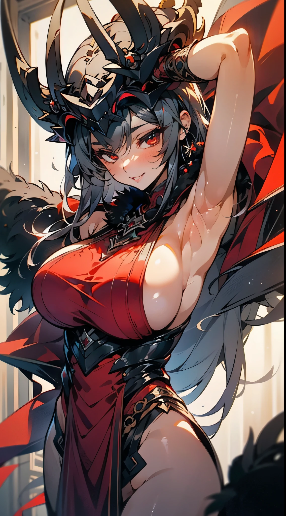 master piece, bokeh, best quality, photorealistic, ultra high resolution, 1 mature female, ultra detailed, (closeup portrait:1.2), ultra hd, antialiasing,

(black fur red cloak:1.2), (long red dress), (black dragon bone full body armor), intricate silver embroidery,

beautiful red eyes, (ultra detailed sexy armpit:1.4), glossy skin, super huge ample breasts,

ruined temple, strong back lighting, volumetric lighting, soft lighting, overhead lighting, dreamy