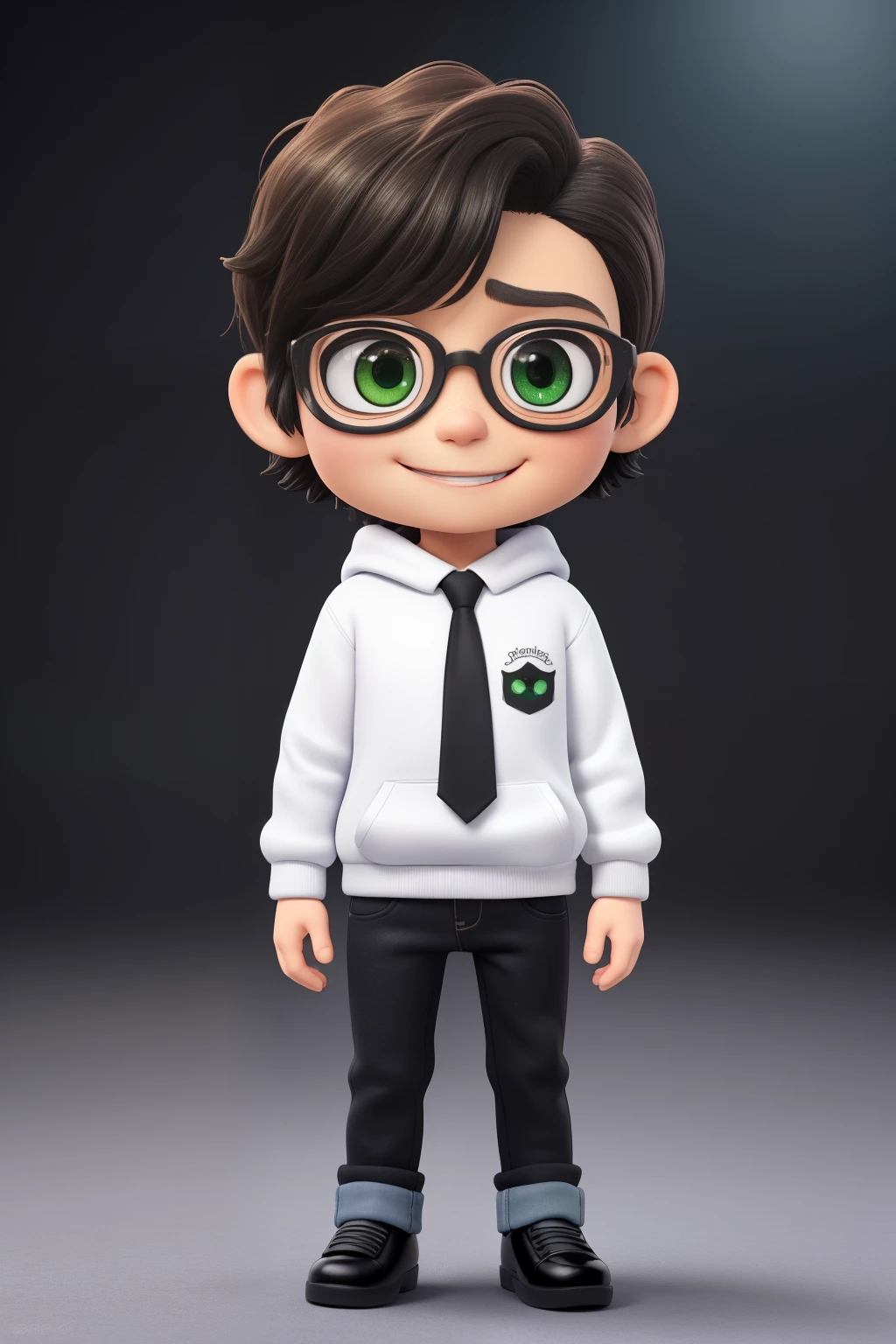 A ??? 10 years old, with short hair,diamond face, strict look, and brown eyes, wearing white white shirt with necktie and glasses. /imagine prompt:masterpiece、top-quality、ultra-detailliert、(Chibi, male, that is a of Frankenstein’s monster, green eyes, Rose Flower Carpet,A smile,Full-body standing figure,wearing a black hoodie and jeans,Pixar style super cute, standing, charming big eyes, surreal, super fine, super detailed, illusory engine, 8k, Smile face. Blind box figures.