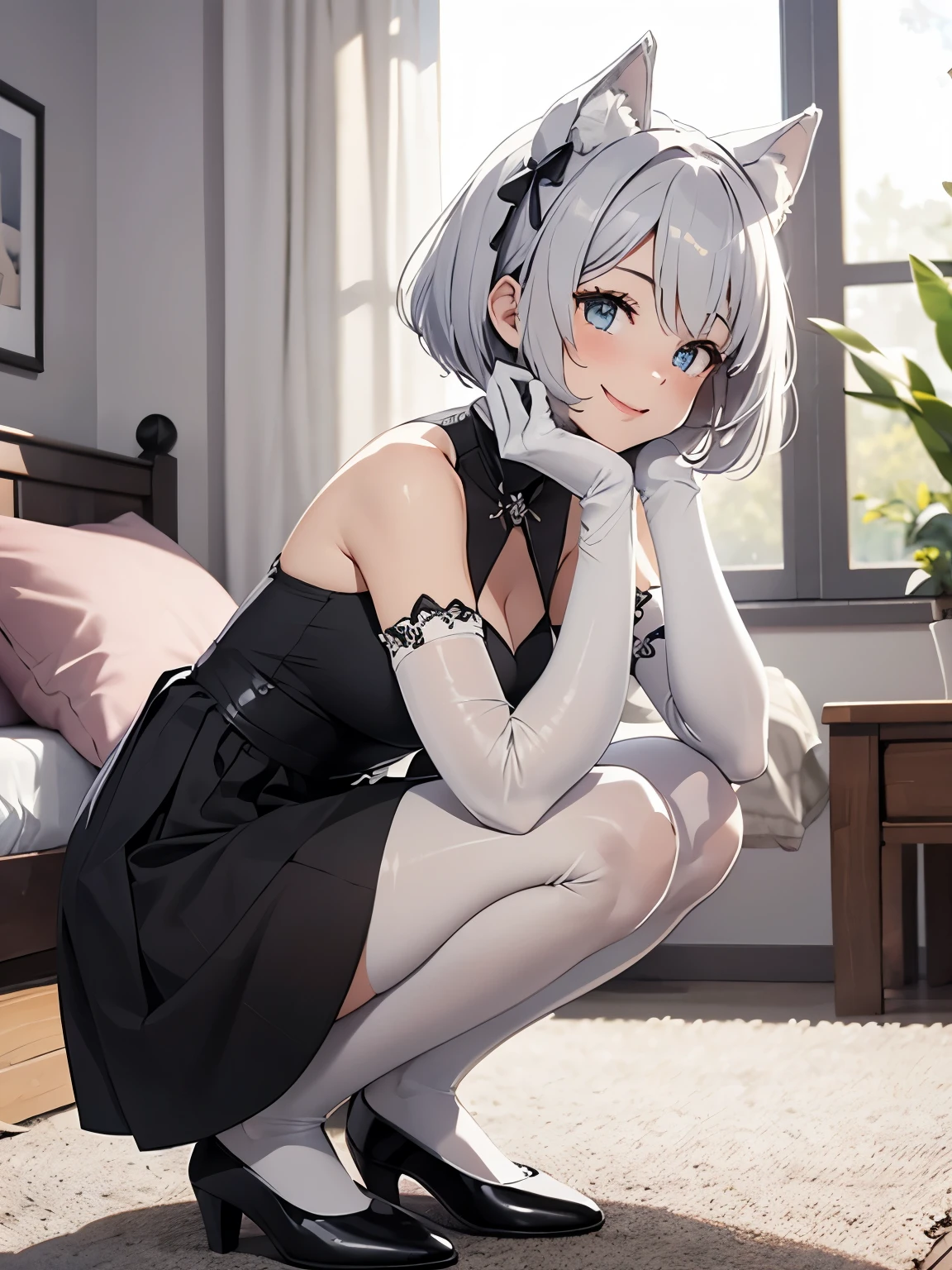 masutepiece high-level image quality Top image quality 8K adult lady(Soio) White Long Gloves((blanche)(Long gloves)) white panty hose((blanche)(beauty legs)) an lingerie((blanche)(frilld)) Wolf ears shorth hair((short-cut)(White hair)(perm)(fluffly)) Eye color is blue beauty legs(A sexy) A smile pumps Physical education sitting