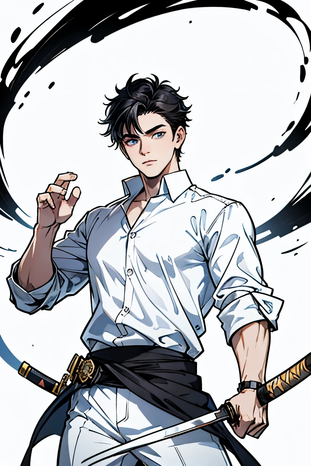masterpiece, ultra detailed, 4K, 8K, 32K, intricate, (((1boy))), ((black hair)), (no background), white background, detailed eyes, white shirt, handsome young man, 20 year old, (((same character))), dynamic pose, katana