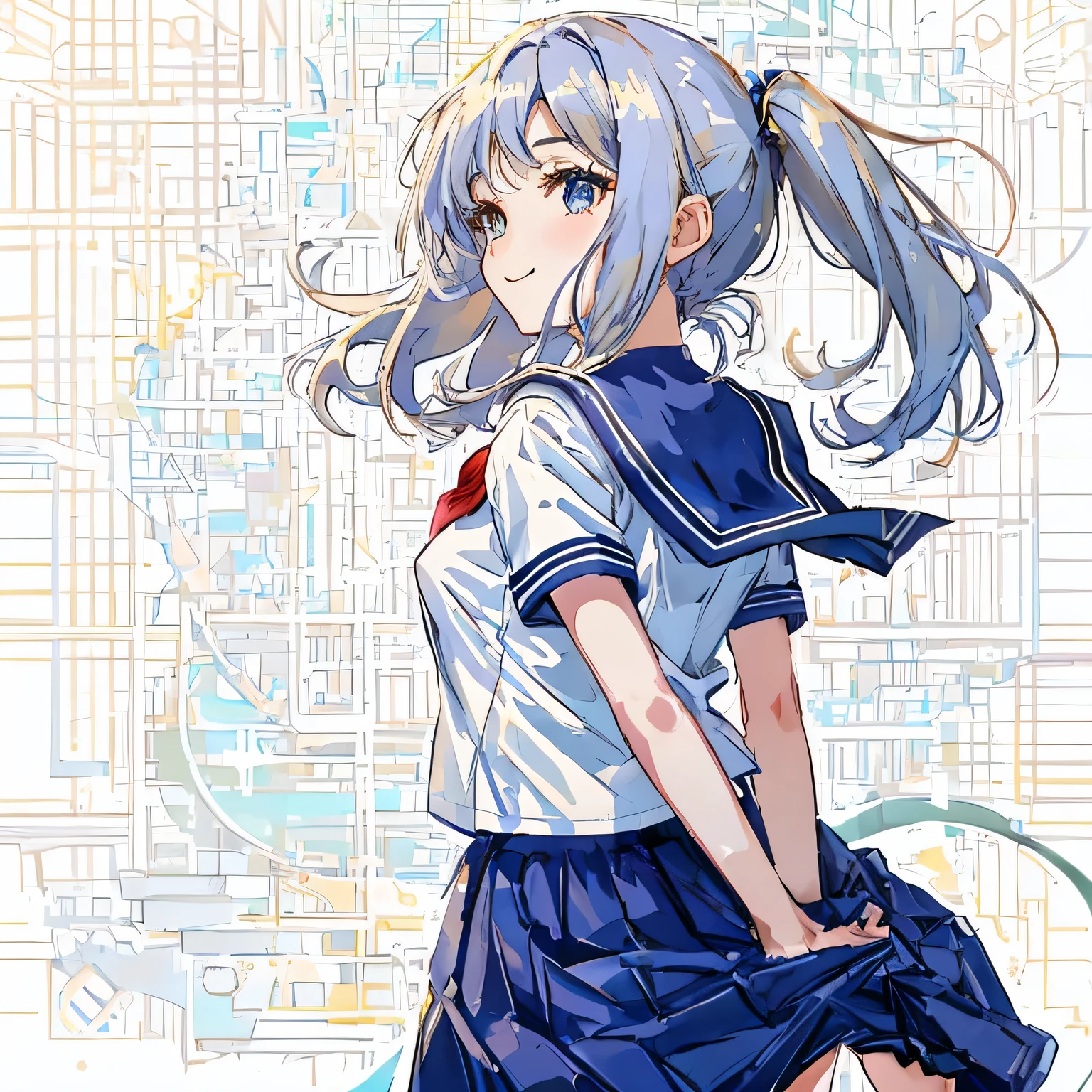 white background,masterpiece, highest quality,figure,sailor suit,slanted eyes,straight hair,blue hair,side part,super dense skin,beautiful and fine eyes,short sleeve shirt,light brown eyes,(medium breasts:1.1), (A raised and well-defined bust:1.1), (lifted chest:1.2), (perky chest :1.1),high School girl,please sit down,high socks,loafers,smile,School