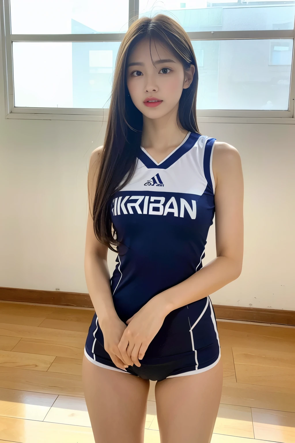 (photo real: 1.4), (surreal: 1.4), (actual: 1.3), (soft light: 1.05), (improved lighting: 0.9), 32k, 1 girl, 20 year old girl, actual lighting, backlight, Menko, Ray tracing, (whitening light: 1.2), (image enhancement: 1.4), ( High quality real skin: 1.4), Narrow your eyes, delicate face, Narrow your eyes, (Increased body lines and emotions: 1.1), 超big deal乳房, big deal, (Improve skin quality and beauty: 1.1),volleyball uniform:1.4, indoor_volleyball_court_background:1.4, thighs thighs thighs thighs, protrude , crotch