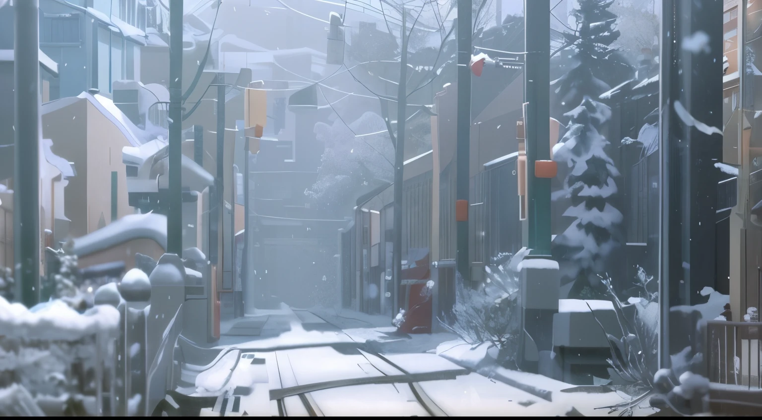lots of snow street with a train on the tracks and a building in the background, lots of snow. by makoto shinkai, Makoto Shinkai's style, beautiful anime scene, makoto shinkai. — hour 2160, by makoto shinkai, by makoto shinkai, Studio Gribly Makoto Shinkai, in Makoto Shinkai's style、4K