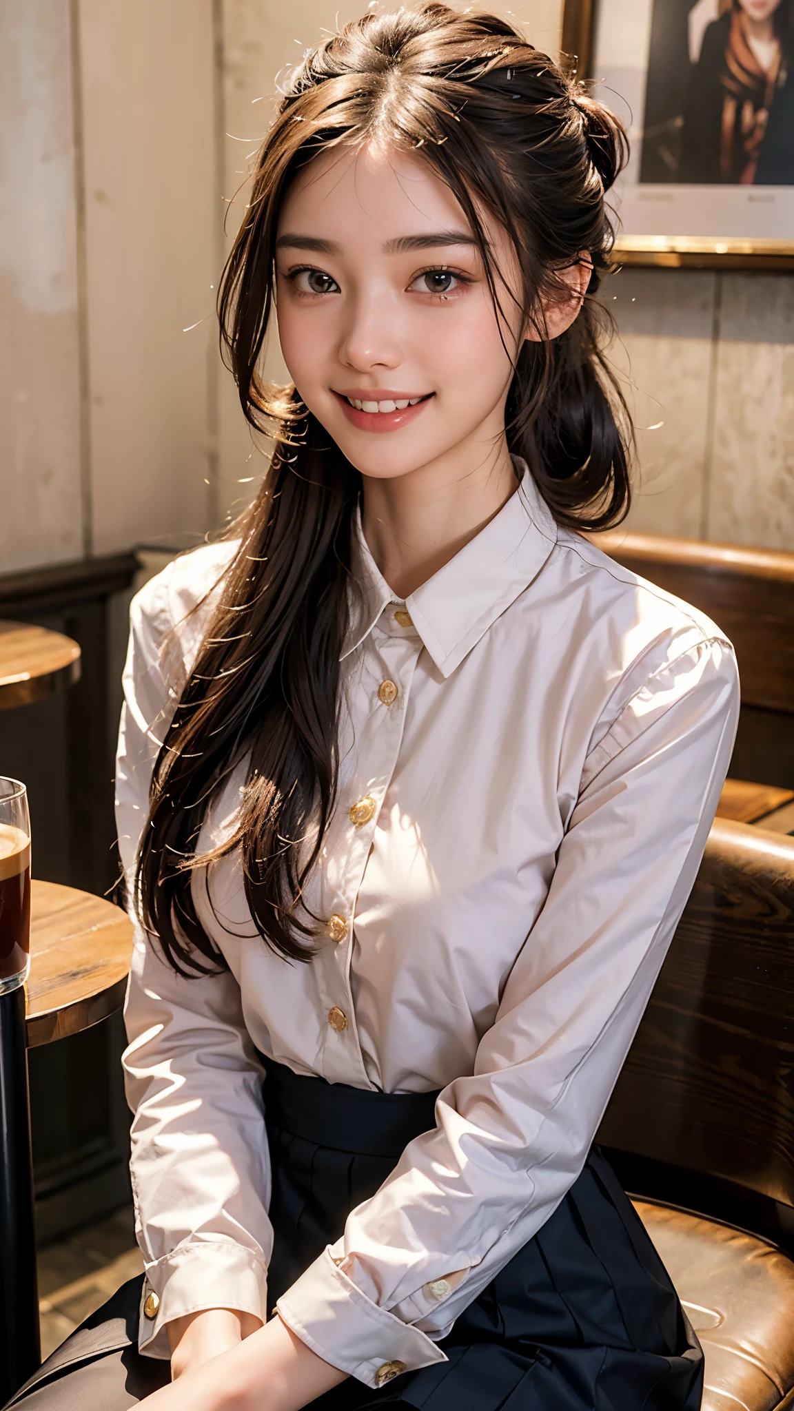 highest quality, masterpiece, ultra high resolution, (realistic:1.4), (portrait facing each other) RAW photo, 1 girl, 22 years old,slender body,Medium chest,((winter school uniform)),((long hair chignon)),((Drink latte and chat at a cafe)),((looking up at the viewer)),(blush),saturation, contrast,((toothy smile)),