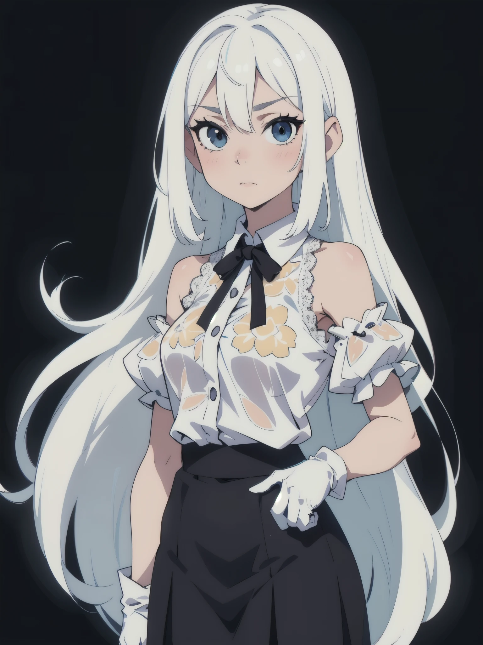 ((White hair)),((Head and Shoulders Image)),(super-long hair),Sexy,A person,Alone,Simple style,pancake ,Simple details,Black background,Empty background,Black background wall,(20 year old woman),(Droopy hair),(White Gloves),Puffy skirt,(Lace Shirt),Lace,(confidence)