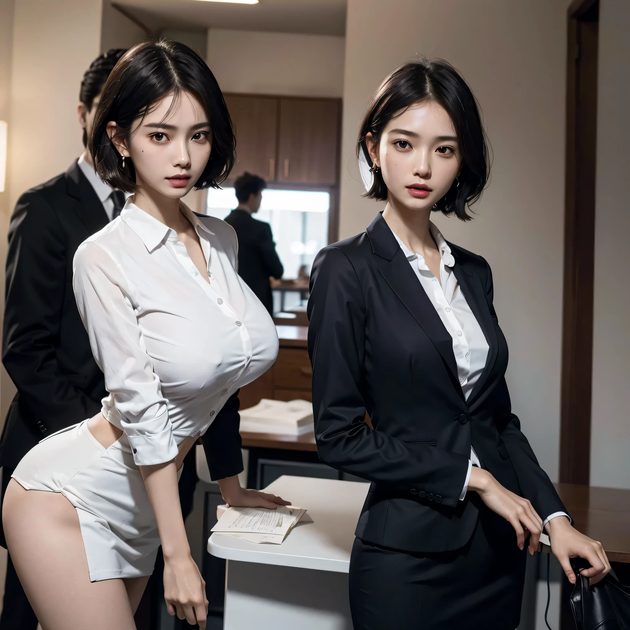 disorganized, RAW photo, very delicate and beautiful, masterpiece, highest quality, ultra high resolution, 16k, surreal, super detailed, perfect anatomy, super dense skin, perfect figure, Highly detailed CG 8k wallpaper, 20&#39;s, very slim body, (tight waist:1.2), very small head, very small face, delicate features, tearful mole, earrings, thin legs, (very huge round breasts:1.2), (3 girls:1.1), full body shot, short hair, wavy hair, Sweat, (suit:1.3), (shirt:1.2), mini skirt,