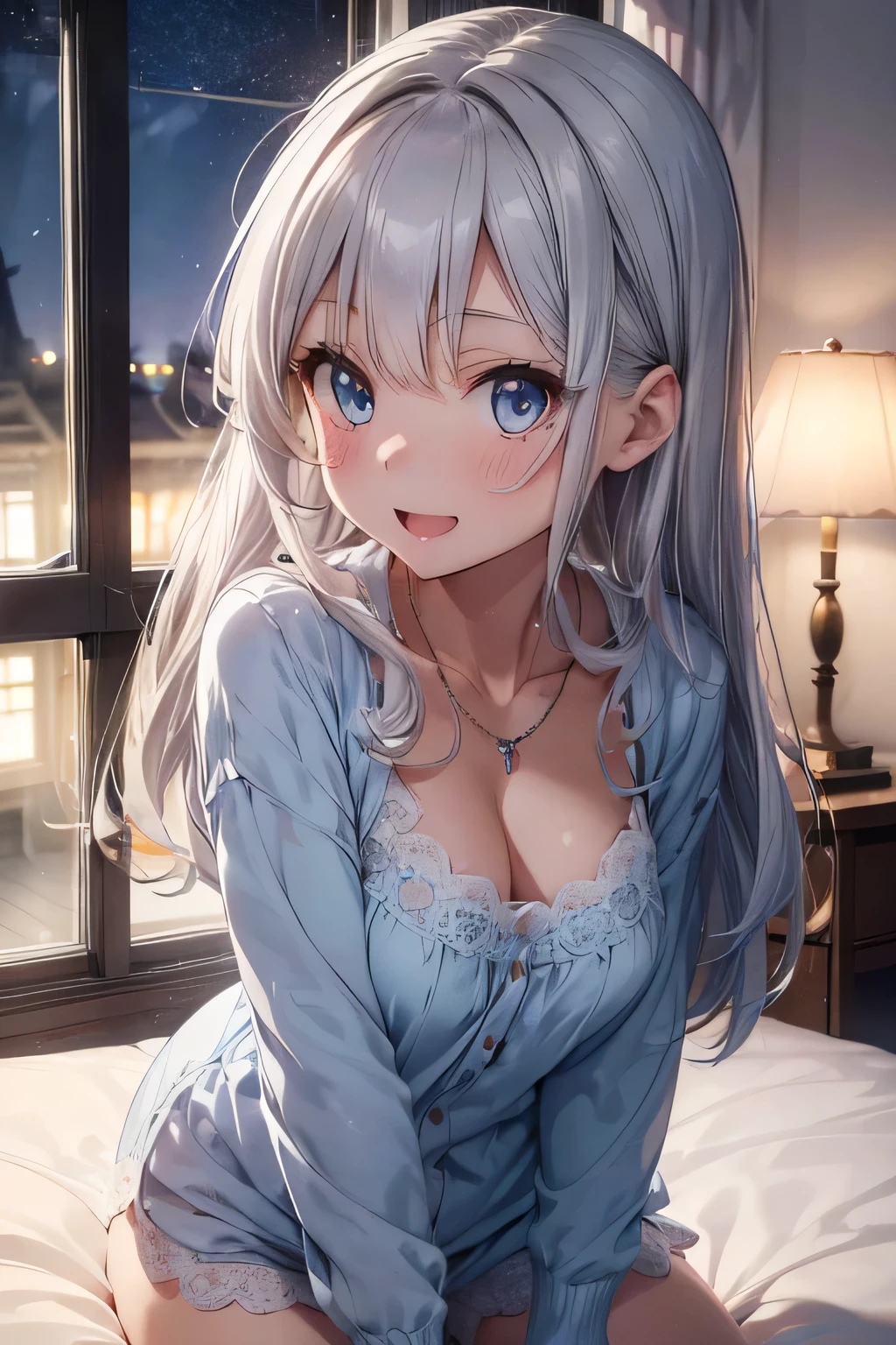 (((highest quality))), ((super detailed)),((very delicate and beautiful)), ((16k)), girl, silver hair, light blue eyes, necklace, Wearing cute and adorable costumes, (smile), Bedroom, beautiful eyes, Fluffy pajamas, tattoo tattoo, ((night)), 🌙, open your mouth, (((sexy:1.2))),
