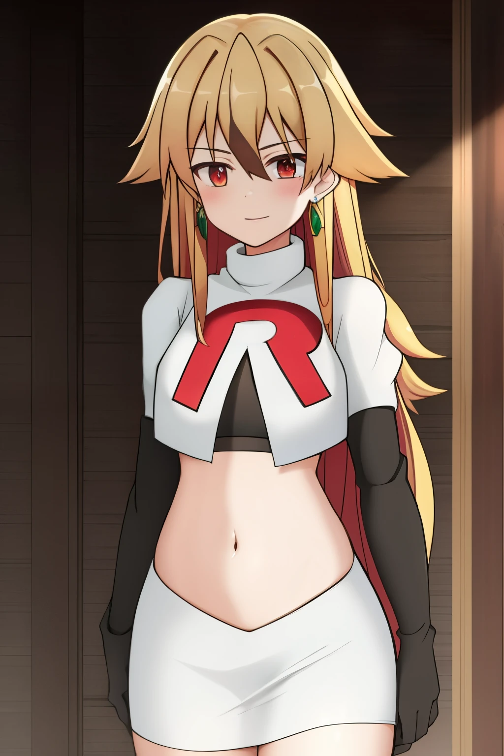 hulemy, 1girl, solo, long_hair, looking_at_viewer, blush, bangs, blonde_hair, brown_hair, red_eyes, hair_between_eyes, jewelry, very_long_hair, earrings, stud_earrings, team rocket,team rocket uniform,white skirt,crop top,black thigh-highs,black elbow gloves