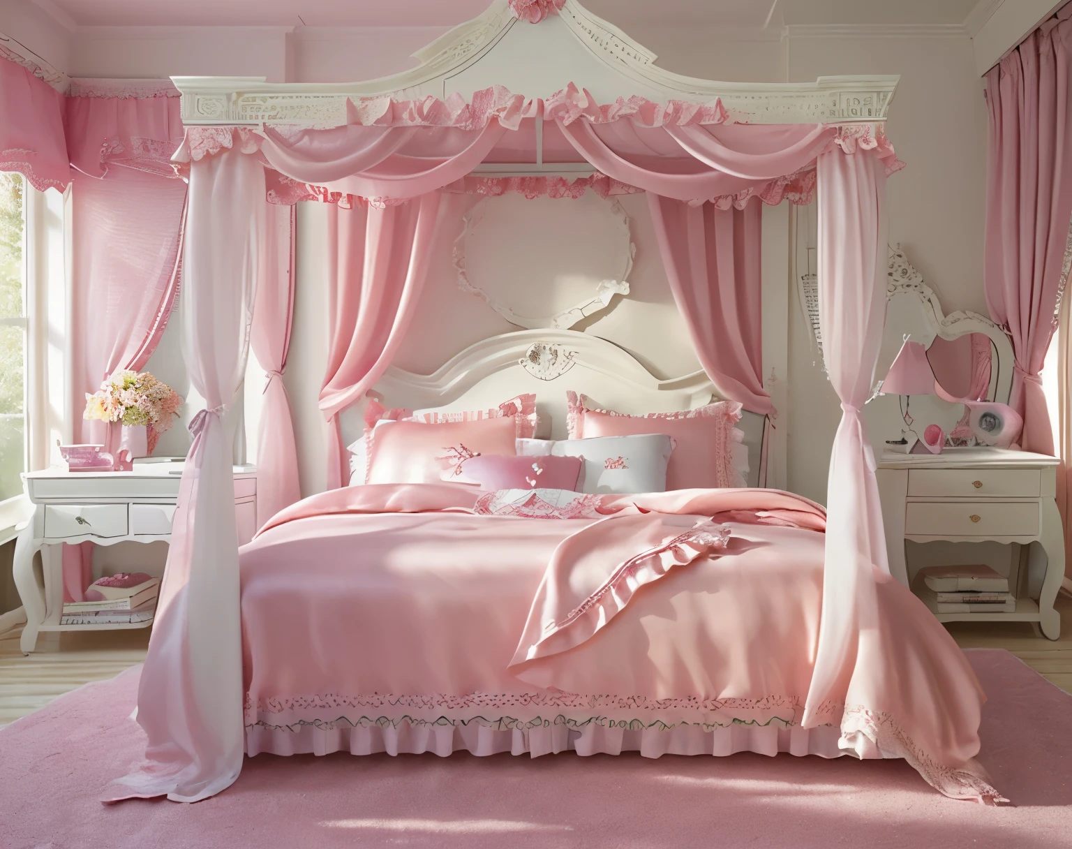 ,highest quality, masterpiece, highest resolution, artwork, super それにget used to it, many get used to it, get used to it, それにget used to it, 3K realistic photos,,children's room,,((princess's room)),((In a luxurious silk satin canopy bed,Four-poster king size bed with canopy,luxury canopy,luxury white bed frame in rococo style,ベッドの両側には豪華なshocking pinkのフリルカーテンが付いています。,(((ベッドの上にたくさん積み重ねて置かれたshocking pinkのフリルとレースの枕))),super detailed background,detailed bed,romantic atmosphere,,ソフトなshocking pinkのフリルとレースの付いたシルクサテン掛け布団,ソフトなshocking pinkのシルクサテンのフリル付き枕,detailed futon,shocking pink,shocking pinkのベッド,detailed ruffle bed skirt,