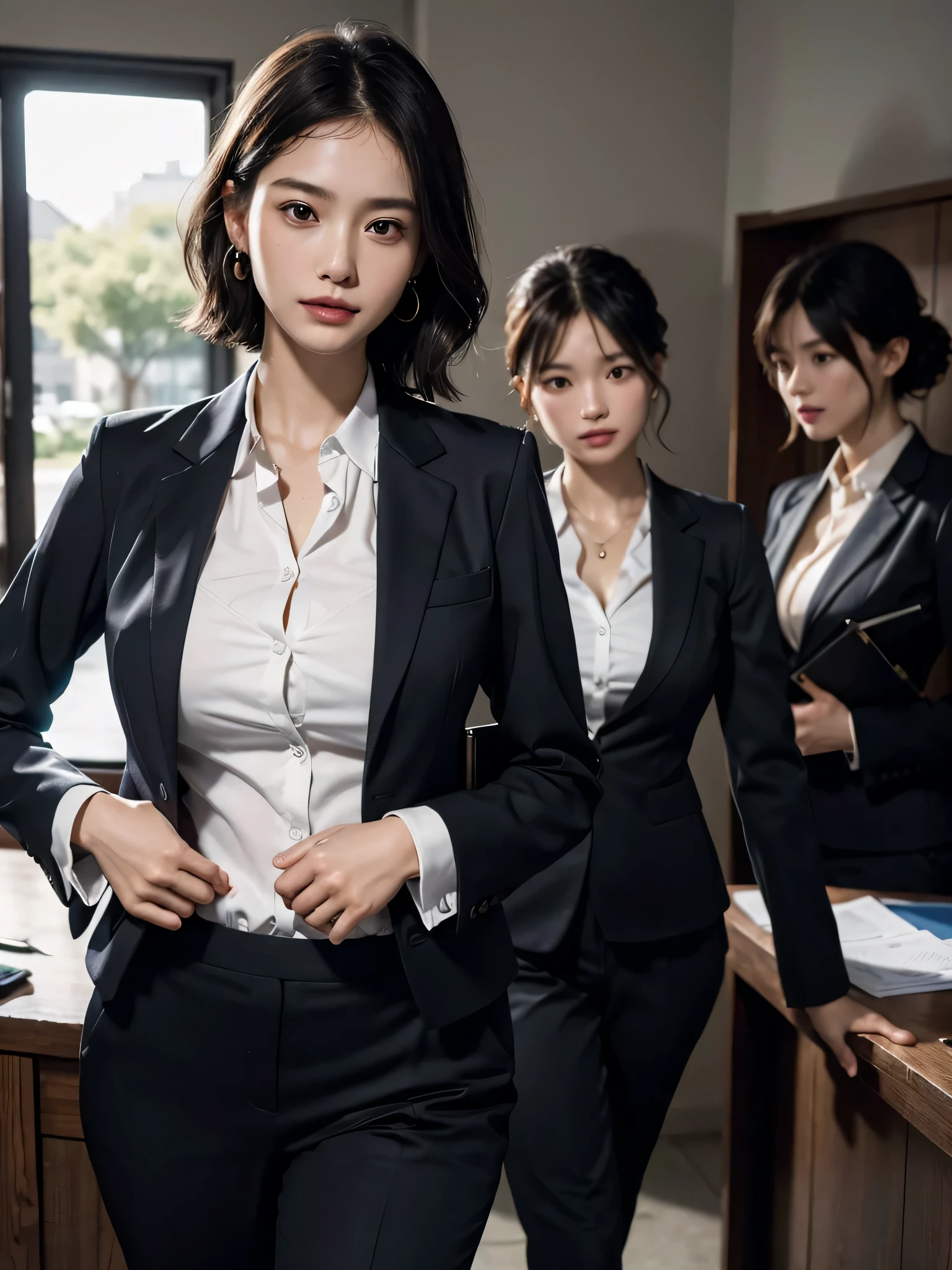 (Masterpiece), (8K, Photorealistic, RAW Photography, Best Quality: 1.4), Japan, Beautiful Face, (Realistic Face), (Medium Hair:1.3), Realistic Eyes, Beautiful Eyes, Attractive, Ultra High Definition, Ultra Realistic, High Definition, Beautiful Japan woman, grey suit, open jacket, ((jacket)), office lady, suit, ((pants)), (modern office indoors), desk, detailed face, long hair, group picture, multiple girls, 4girls, looking at viewer, ((smile)), ((white shirt)), (open shirt)
