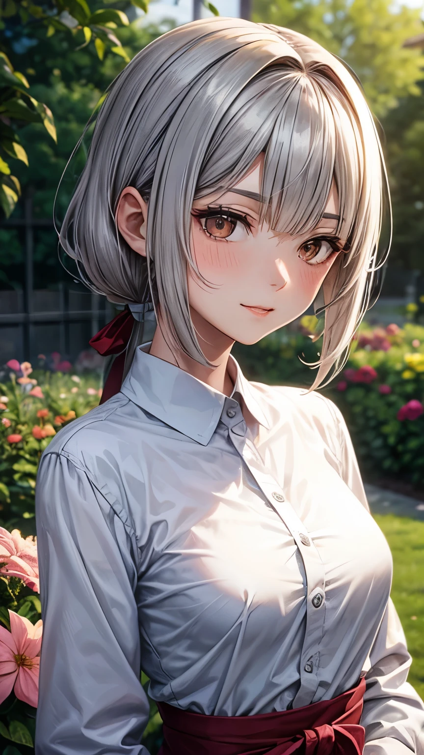 Japanese lady (( middle breast, slender)), very short hair, ponytail ((blonde)),(( so much shaggy forelock:1.4)), white dress shirt, wearing a beige coat,((crimson big droopy eyes)), eyelashes, gentle and tidy smile (( corner of her mouth rises)), tidy and warm atmosphere, ((face focus)), blush, at a garden with many flowers