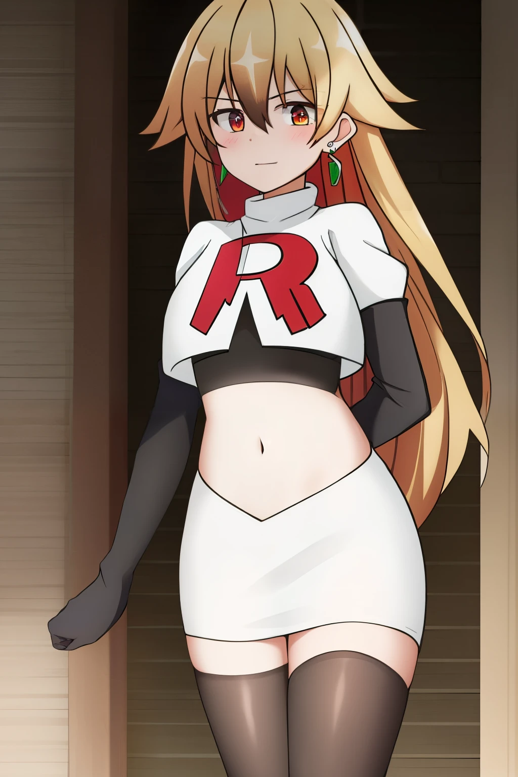 hulemy, 1girl, solo, long_hair, looking_at_viewer, blush, bangs, blonde_hair, brown_hair, red_eyes, hair_between_eyes, jewelry, very_long_hair, earrings, stud_earrings, team rocket,team rocket uniform,white skirt,crop top,black thigh-highs,black elbow gloves