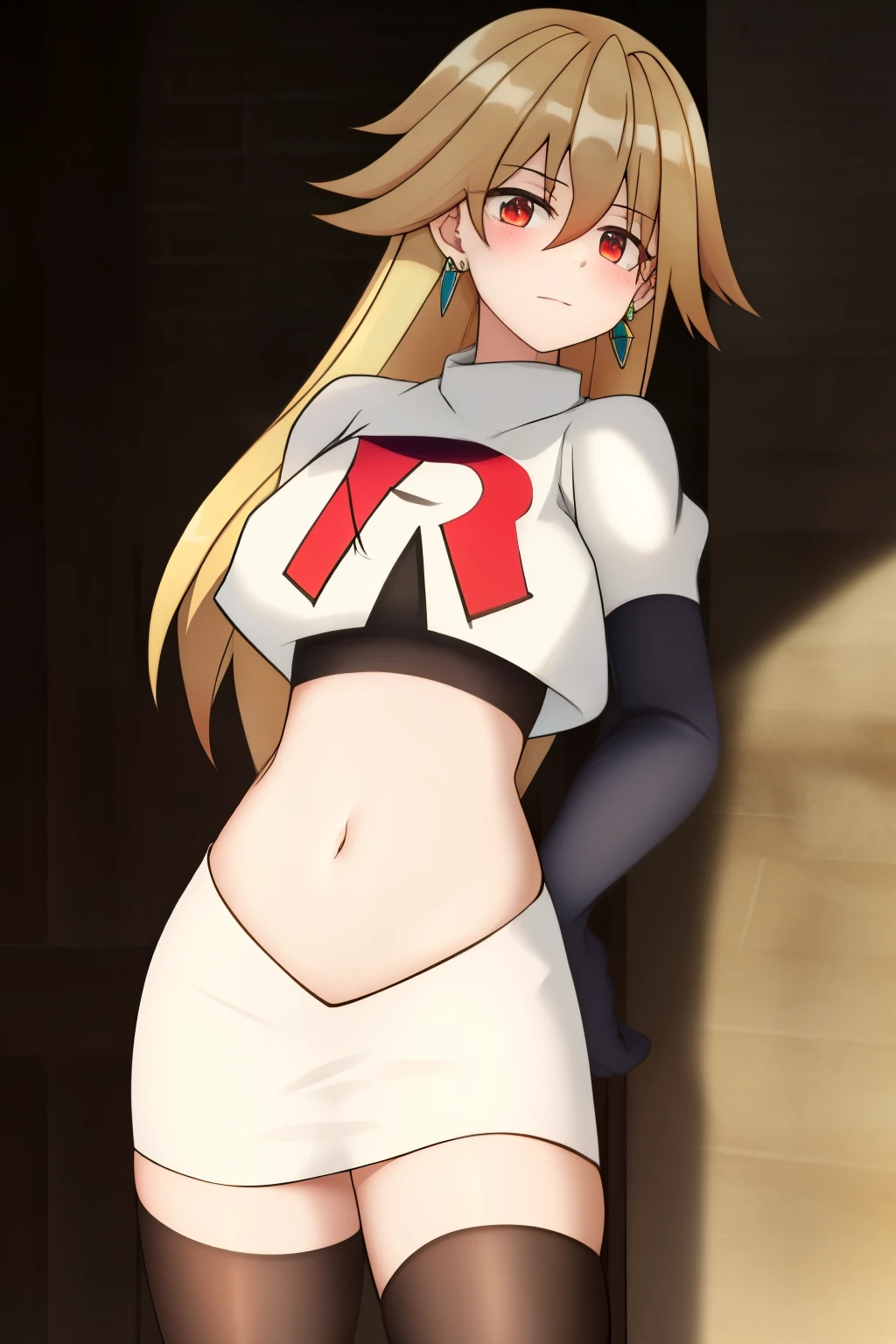 hulemy, 1girl, solo, long_hair, looking_at_viewer, blush, bangs, blonde_hair, brown_hair, red_eyes, hair_between_eyes, jewelry, very_long_hair, earrings, stud_earrings, team rocket,team rocket uniform,white skirt,crop top,black thigh-highs,black elbow gloves