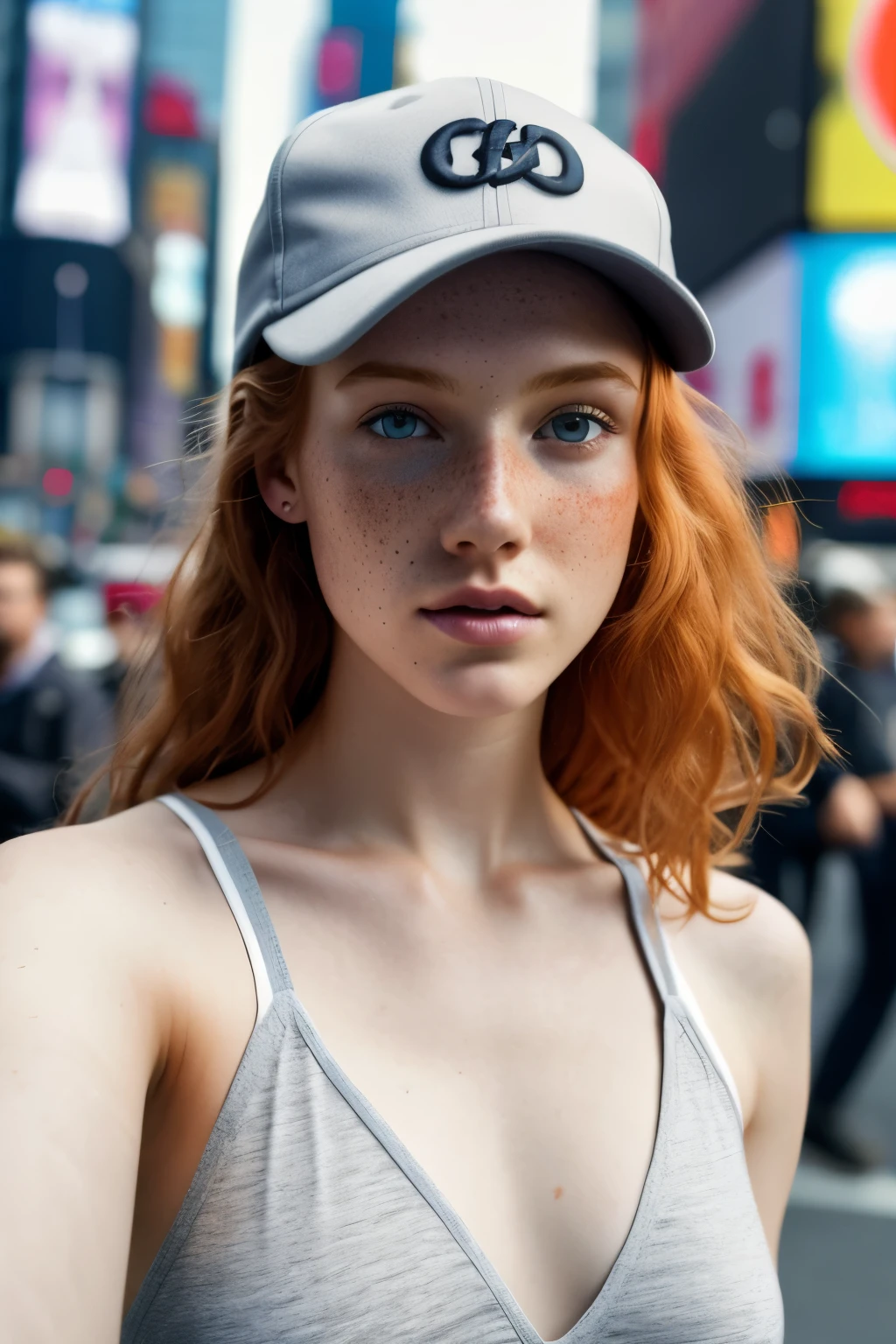 1girl in, age19, Solo, Aesthetic artwork, irish redhead, wavy ginger hair, shoulder length ginger hair, gray eyes, light grey eyes, some small freckles, pale skin, A-cup, small breasts, rough skin,runners body, (textured skin, skin pores:1.1), (moles:0.8), imperfect skin, goosebumps, model posing, modelling, hands behind the head, wearing a baseball cap, with floreal paterns, seen from far away, taking selfies, having fun, in times square, newyork, provocative,(extremely detailed 8k wallpaper) ,soft lighting, high quality, film grain, Fujifilm XT3 sharp focus, f 5.6, 24mm, High Detail, Sharp focus,(natural light), crazy details, complex details, hyperdetailed, seen from far,