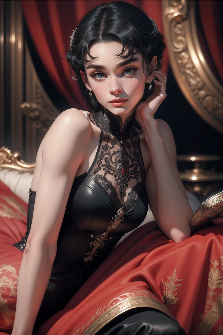 (Masterpiece - Ultra-Detailed, High Resolution) Prepare to be enchanted by a true masterpiece that combines ultra-detailed art with high-resolution rendering. This work shows a mesmerizing woman, with short, black hair, 1928s style, Audrey Hepburn (1.3) and captivating dark brown eyes (brown eyes), New York illustration style, wearing red lipstick, emanating an aura of elegance and mystery. Wearing classic victorian dress 1928s clothing. Intricate details and realistic textures invite you to explore every aspect of this enchanting composition. Black dress. reading, writing, walking, backwards, lying down, standing, dynamic poses, mouth closed. Different posture , dynamic poses, mouth closed. Different posture, with chin resting on shoulder. Perfect fingers. Get ready to dive into a world where beauty and craftsmanship merge perfectly.