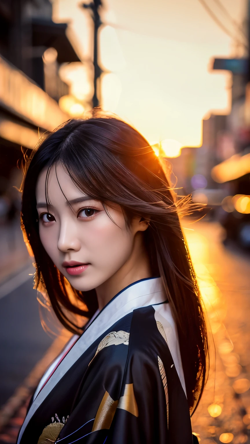 Beautiful Japanese supermodel woman, A lock of hair with slight highlights, black eyes, mixed media, Sexy,street background,Gorgeous kimono , Liquid color flows across her face, sunset,Photographed by Wang Luodan,god of wealth