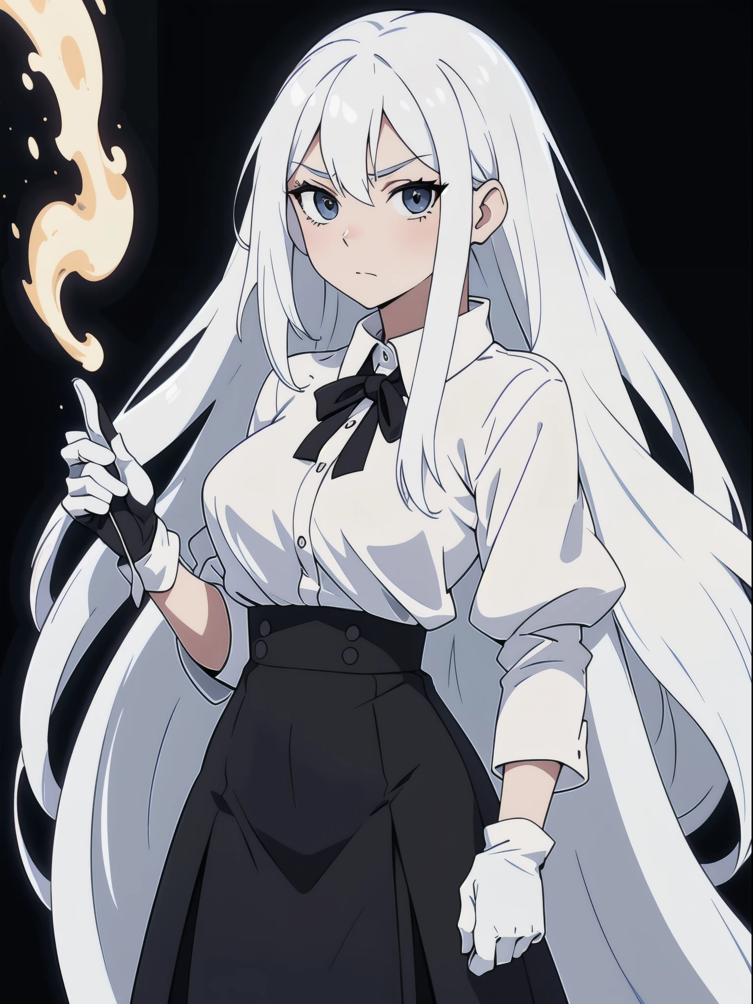 ((White hair)),((Head and Shoulders Image)),(super-long hair),Sexy,A person,Alone,Simple style,pancake ,Simple details,Black background,Empty background,Black background wall,(20 year old woman),(Droopy hair),(White Gloves),Puffy skirt,(Lace Shirt),Lace,(confidence)