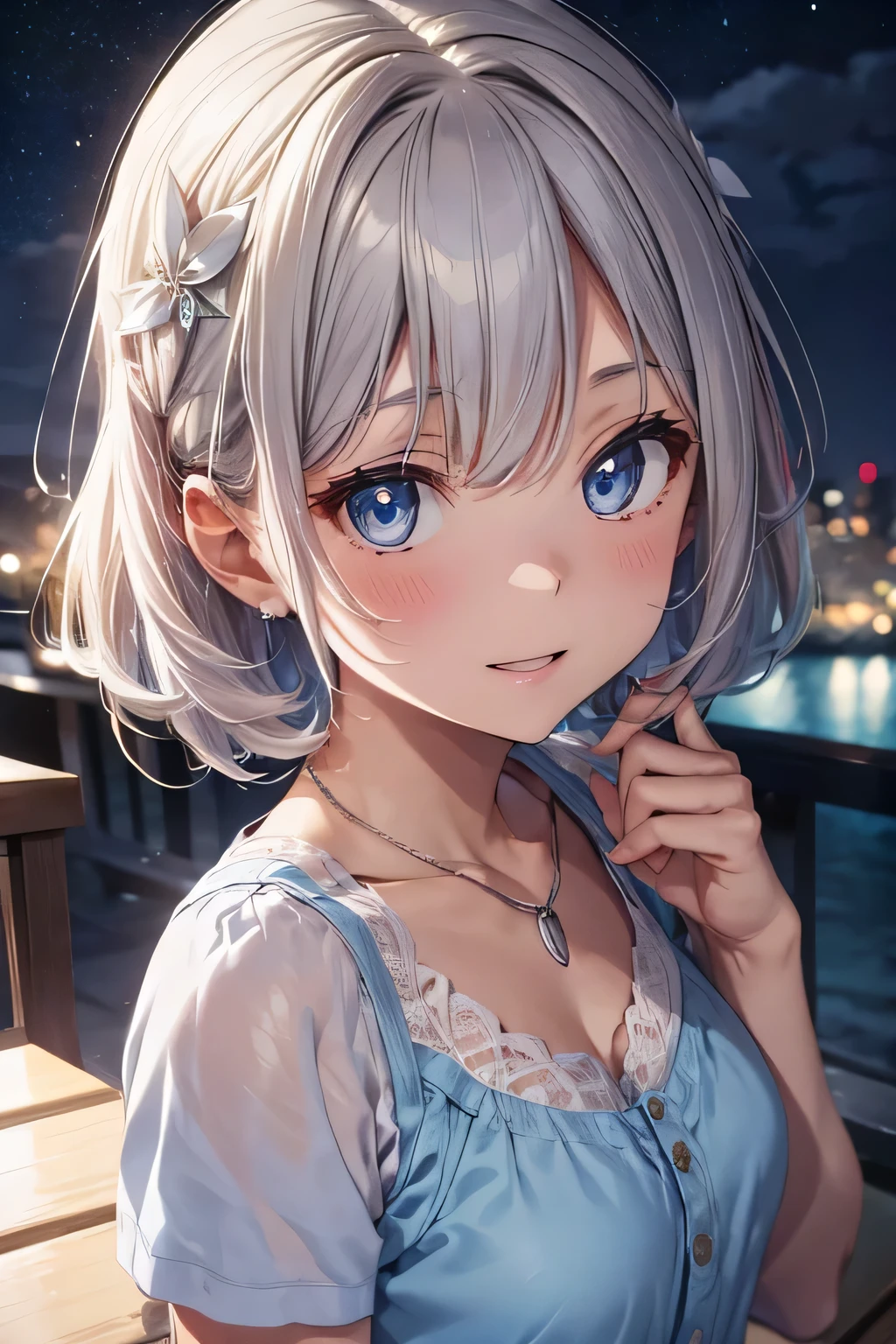 (((highest quality))), ((super detailed)),((very delicate and beautiful)), ((16k)), girl, silver hair, light blue eyes, necklace, Wearing cute and adorable costumes, (smile), Bedroom, beautiful eyes, Fluffy pajamas, tattoo tattoo, ((night)), 🌙, open your mouth, ((sexy)), 
