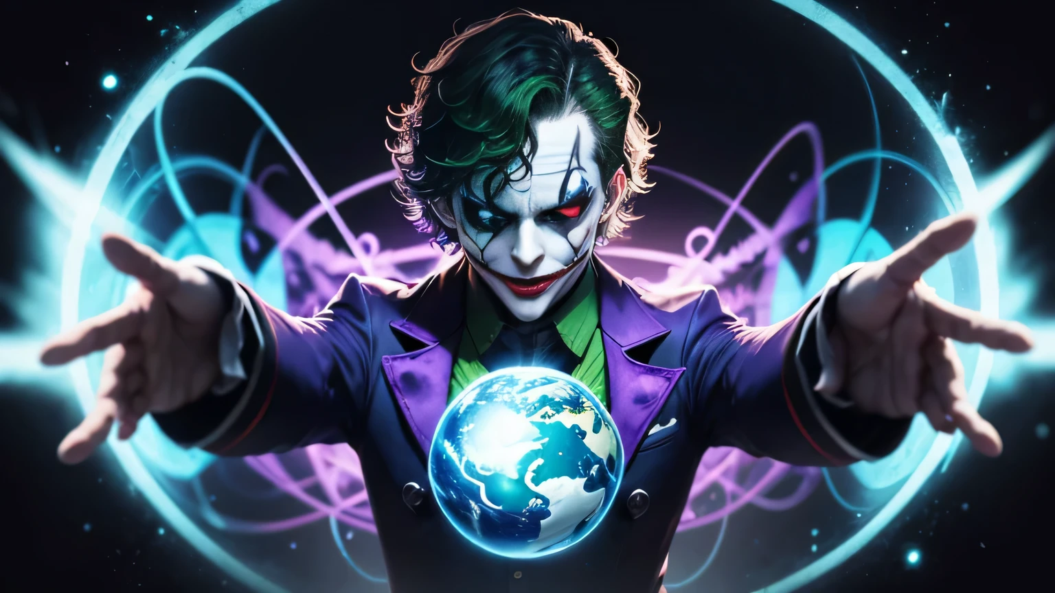 a card, Clown, raio X, psychedelic art, fundo escuro, Holding Planet Earth with Your Hands
