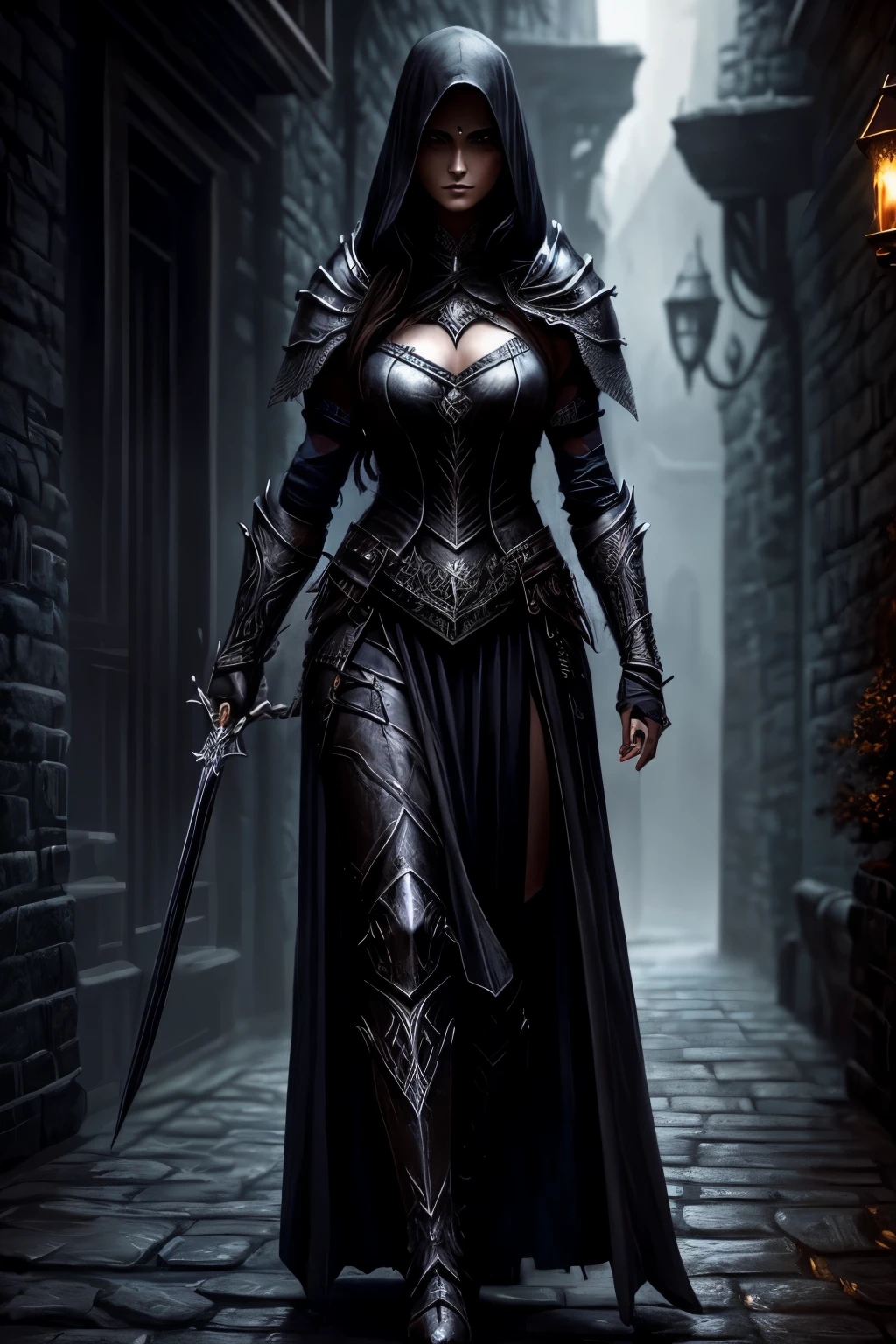 a group assassin of women, detailed face, detailed eyes, in armor walking through a dark alley, with a big wild cats, society contest winner, fantasy art, dark fantasy style art, dark fantasy art, dark fantasy style, gothic fantasy art, elegant cinematic fantasy art, dark fantasy artwork, dark epic fantasy, in style of dark fantasy art, fantasy dark art, epic fantasy style
