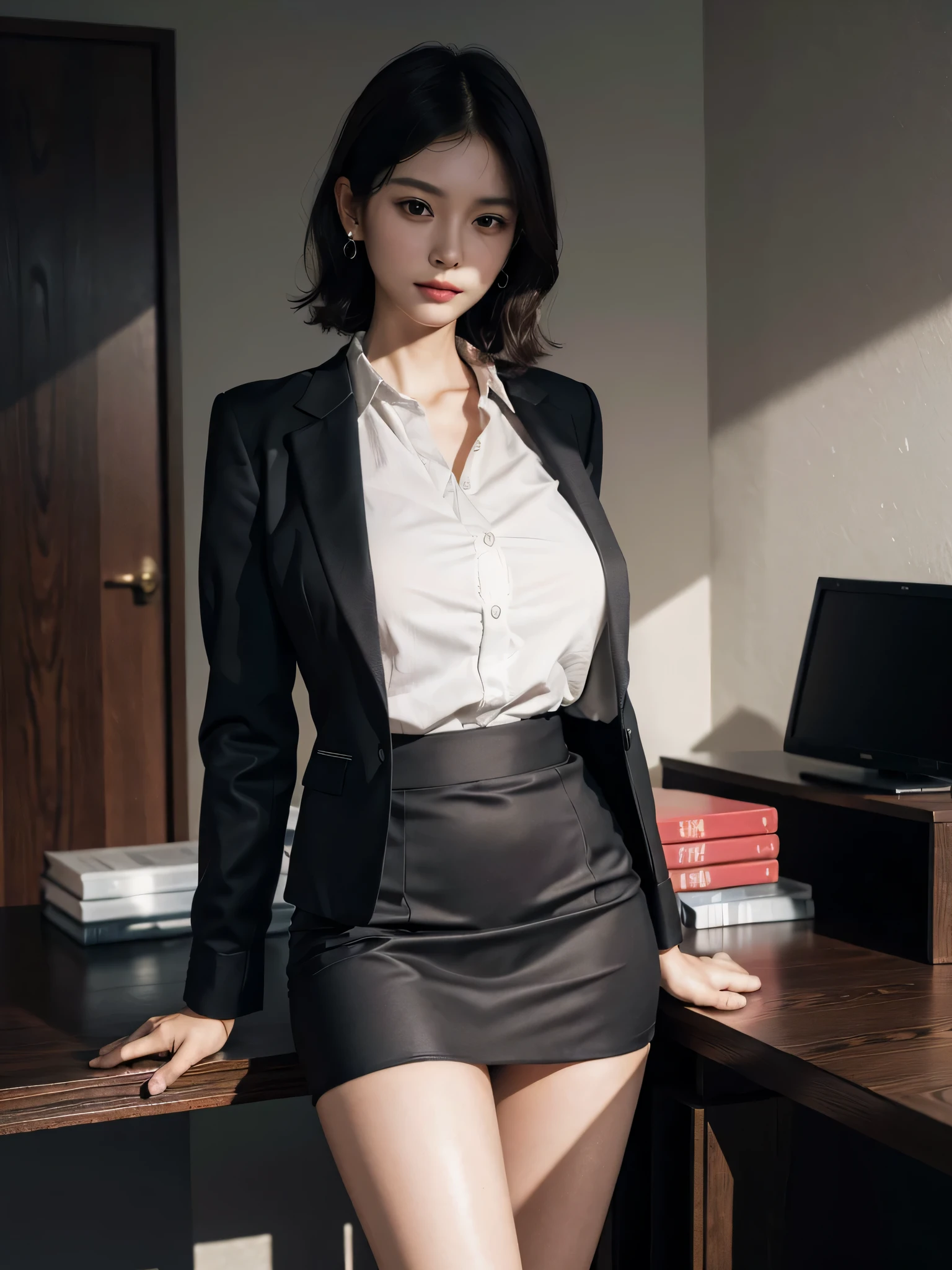 disorganized, RAW photo, very delicate and beautiful, masterpiece, highest quality, ultra high resolution, 16k, surreal, super detailed, perfect anatomy, super dense skin, perfect figure, Highly detailed CG 8k wallpaper, 20's, very slim body, (tight waist:1.2), very small head, very small face, delicate features, tearful mole, earrings, thin legs, (very huge round breasts:1.2), (full body shot:1.2), short hair, wavy hair, (suit:1.3), (shirt:1.3), (skirt:1.1), Jacket,