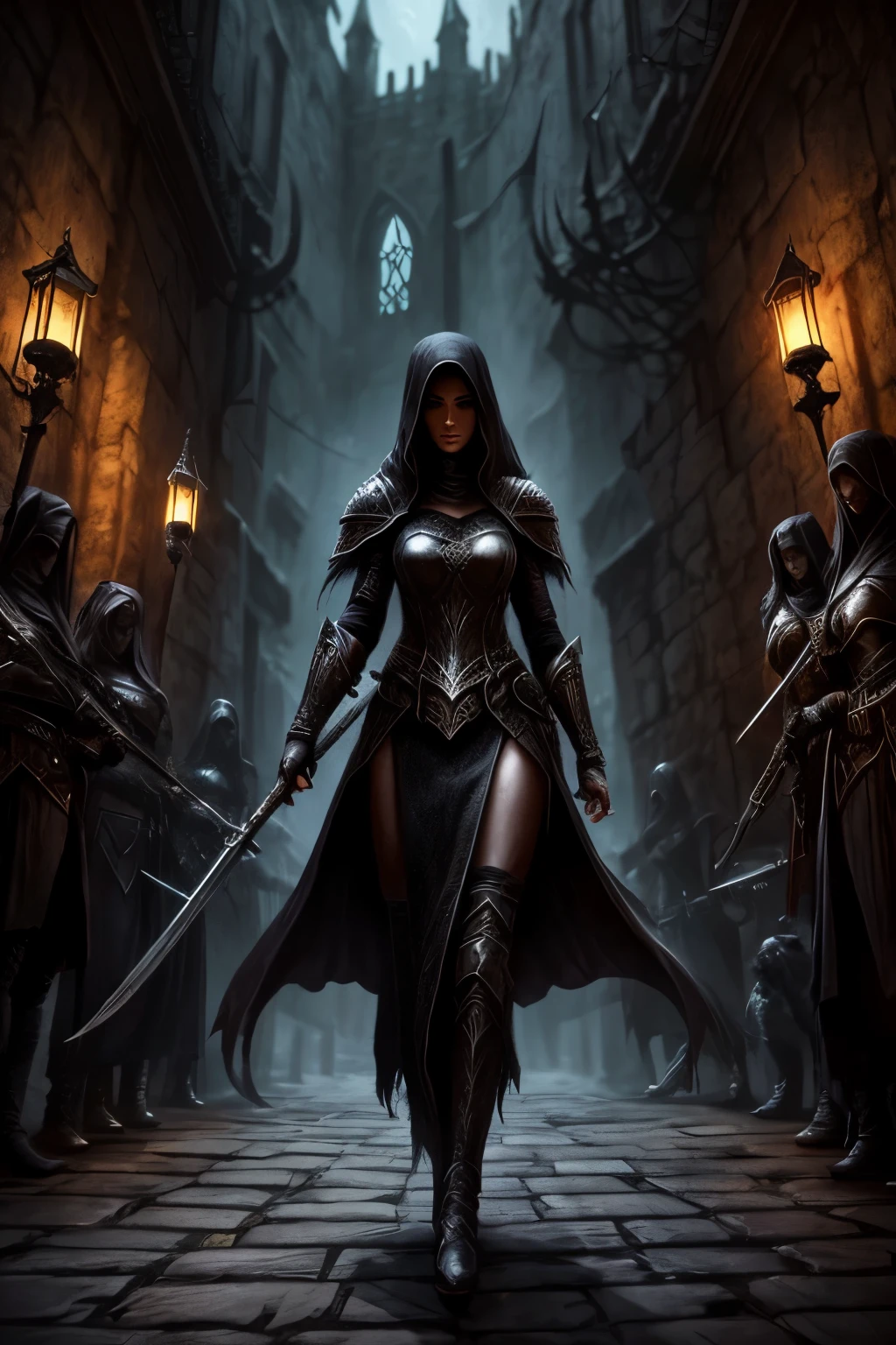 a group assassin of women, detailed face, detailed eyes, in armor walking through a dark alley, with a big wild cats, society contest winner, fantasy art, dark fantasy style art, dark fantasy art, dark fantasy style, gothic fantasy art, elegant cinematic fantasy art, dark fantasy artwork, dark epic fantasy, in style of dark fantasy art, fantasy dark art, epic fantasy style