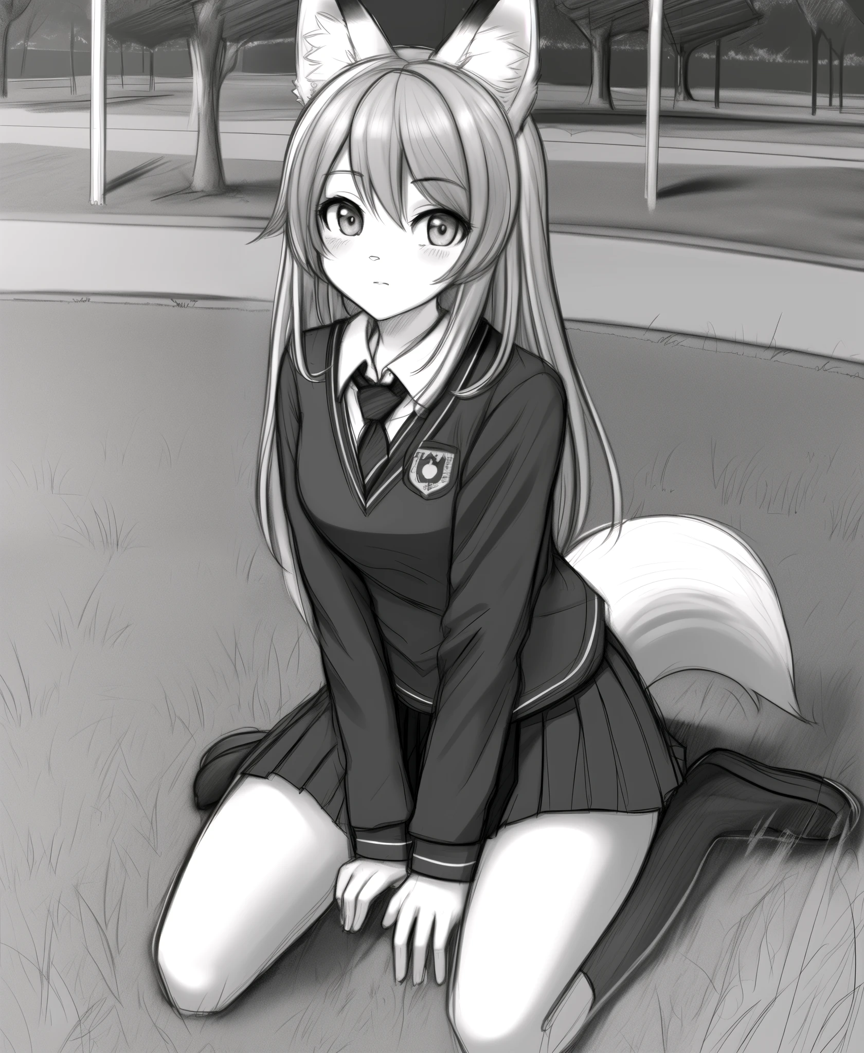 black night,ultra detailed(sketch:1.2),graphite,(monocolour:1.3), solo,on grass, 
furry fox girl,animal ear,school uniform,park, looking at viewer,
 