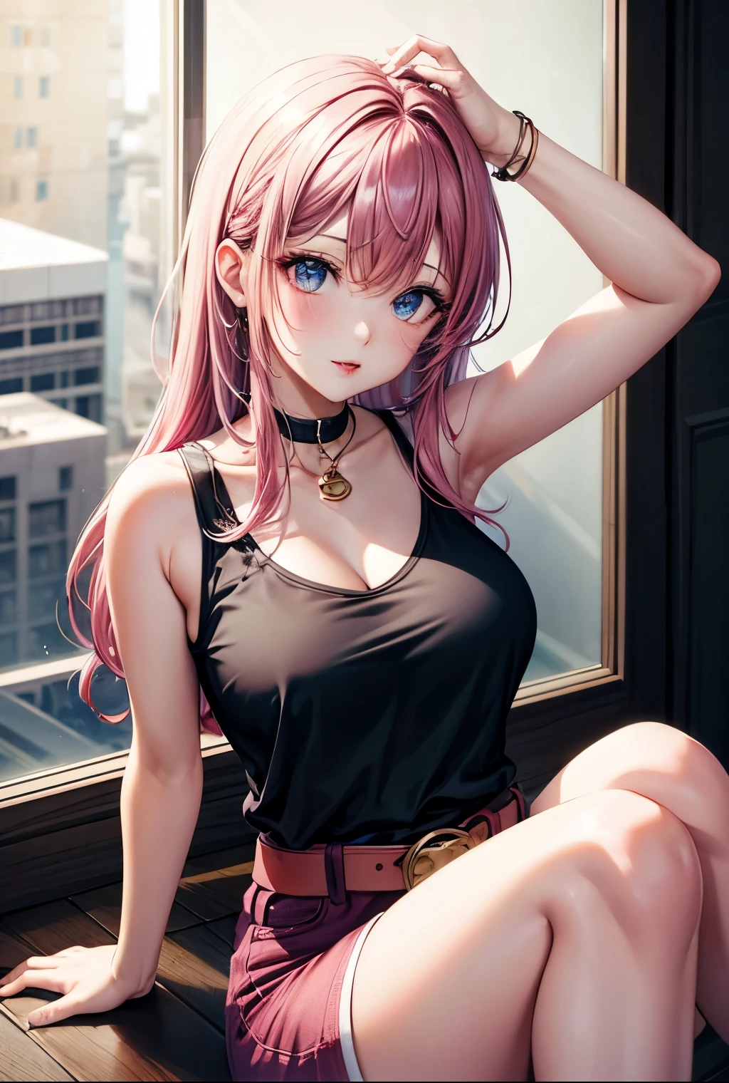 (best quality,8k,16,highres,masterpiece:1.2),ultra-detailed,(realistic:1.37) UHD, exited attractive mature woman, pink hair, beautiful detailed eyes, detailed face and expressions, rendered eye ,perfect anatomy, beautiful detailed lips, wearing tight black tanktop, smirking, lusty, horny blushing, lying on couch, on back, leaning forward, simple lying, looking at viewer, happy, smirking, lusty, horny blush, not too close to viewer, relaxing atmosphere,neutral color scheme ,cozy environment,soft natural lighting, exited expressionenthusiastic gaming session,console gaming, Detalied TV in background, gaming room room, simple background, night time, shot straight
