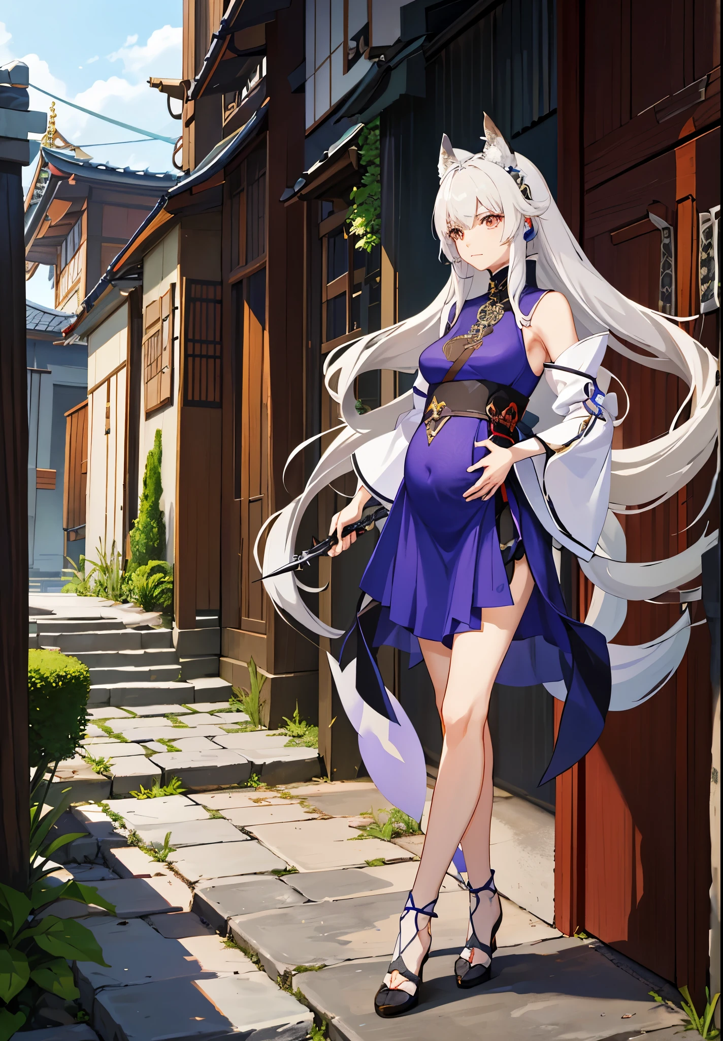 a woman in a dress holding a dagger and a dagger, video game character, from arknights, fox nobushi holding a dagger, hajime yatate, keqing from genshin impact, white haired deity, with small sword, ayaka genshin impact, female action anime girl, official character art, anime character, pregnant anime girl, fetus