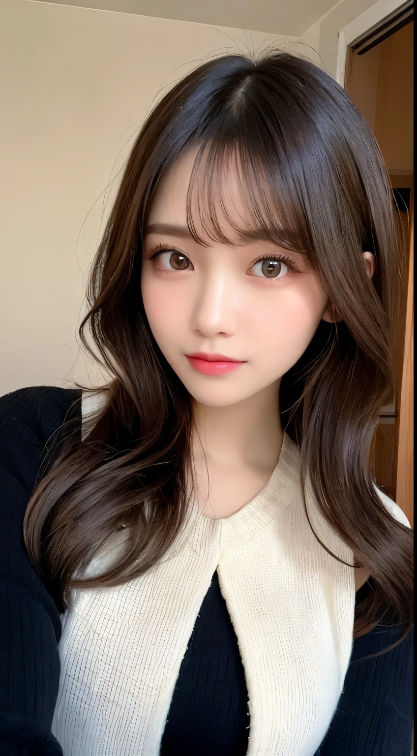 table top, highest quality, shape, Super detailed, finely, High resolution, 8k wallpaper, 完璧なダイナミックな構shape, beautiful and detailed eyes, Black Tokyo Trend Knit Dress, small breasts, natural color lip,gentle smile,20 year old girl、beautiful and detailed face、perfect and beautiful face,Big eyes、beautiful detailed face、perfect and beautiful double eyelids、blur the background、perfect and beautiful face、Feminine poses、blur background、slim face and style、blur background、straight hair、Wear a luxurious mink coat、Bedroom（navy sheets）、lying in bed