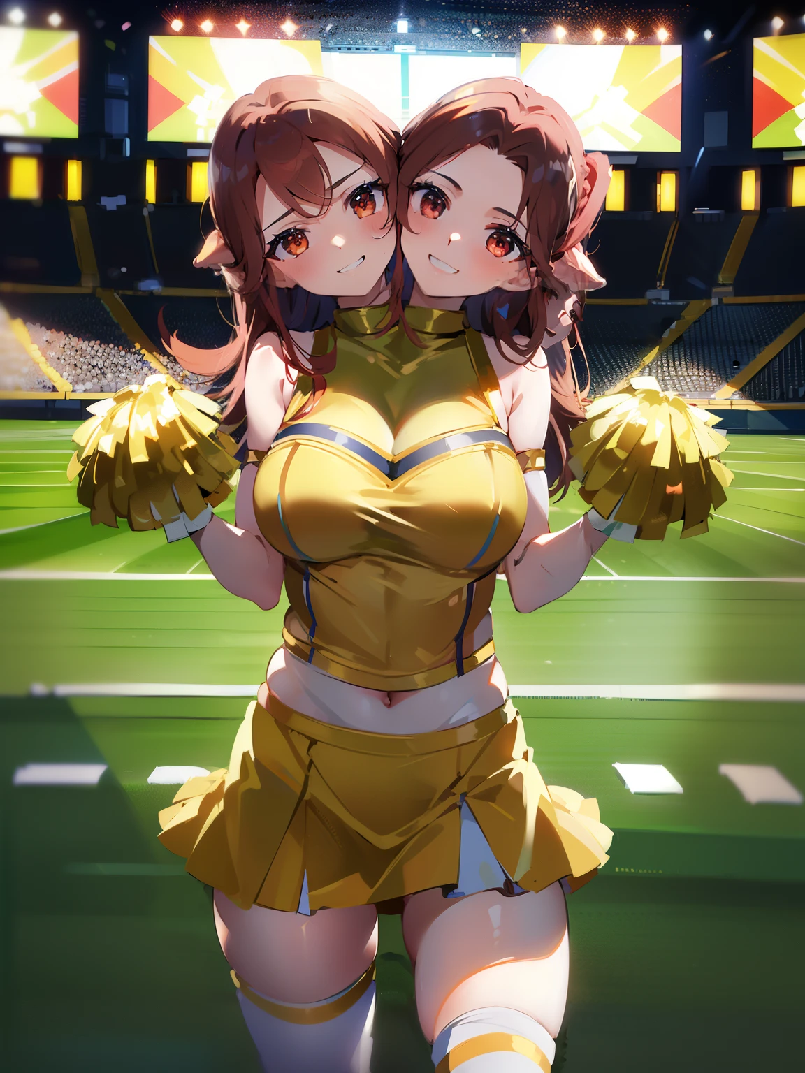 best quality, (masterpiece),(ultra-detailed), (high quality), (high resolution), ((2heads:1.5)), best quality:1.5, highres, UHD, 4K), smiling, highres, masterpiece, 4k, (brown hair), red hair, (football cheerleader), ((Super Bowl)), (football stadium), (football game), cheerleader outfit, football players in background