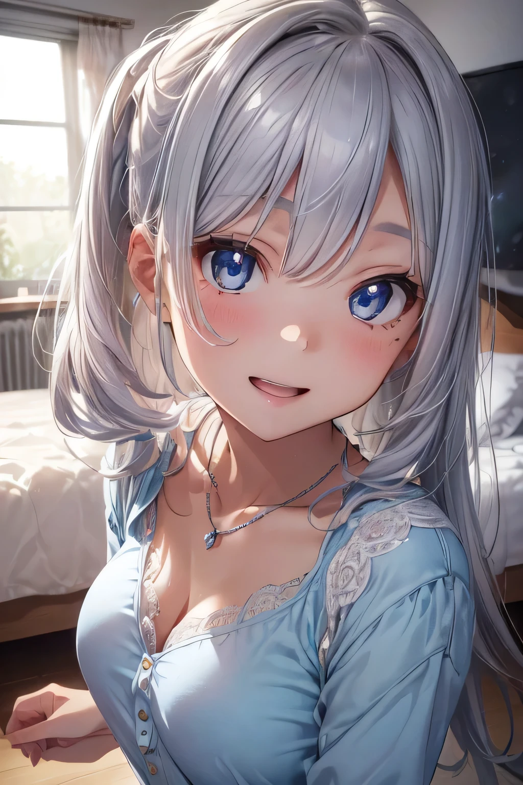 (((highest quality))), ((super detailed)),((very delicate and beautiful)), ((16k)), girl, silver hair, light blue eyes, necklace, Wearing cute and adorable costumes, (smile), Bedroom, beautiful eyes, pink fluffy pajamas, tattoo tattoo, ((night)), 🌙, open your mouth, (((sexy:1.4))),